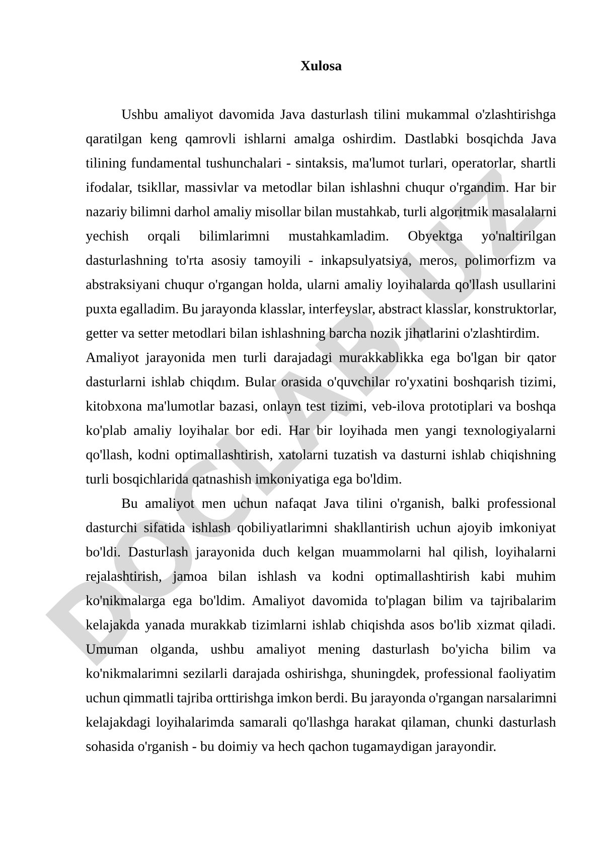 Java dasturlash tilini o'zlashtirish bo'yicha amaliyot