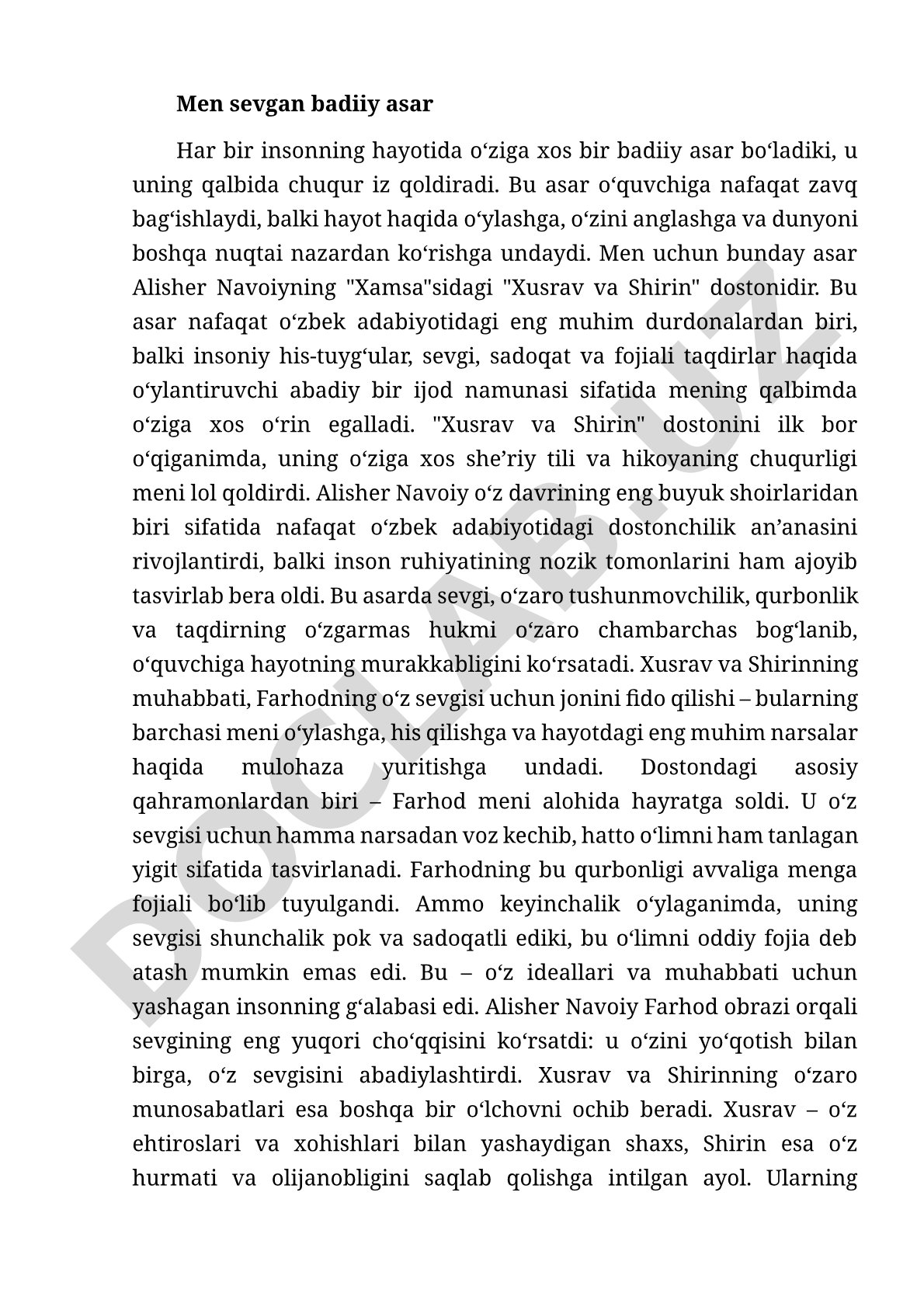 Xusrav va Shirin dostonining tahlili