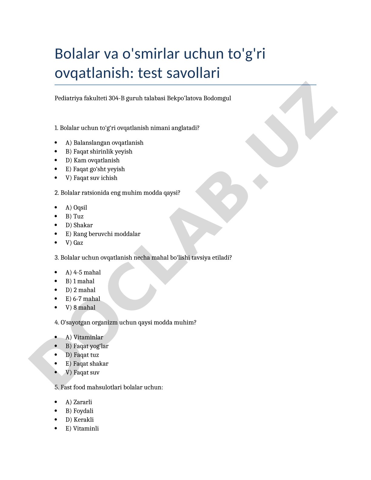 Bolalar va o'smirlar uchun to'g'ri ovqatlanish: test savollari