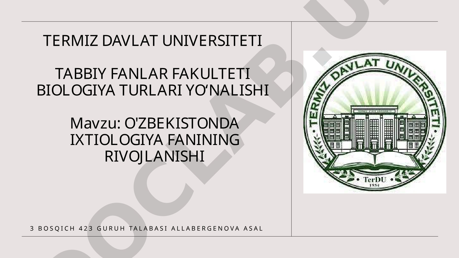 O'zbekistonda ixtiyologiya fanining rivojlanishi