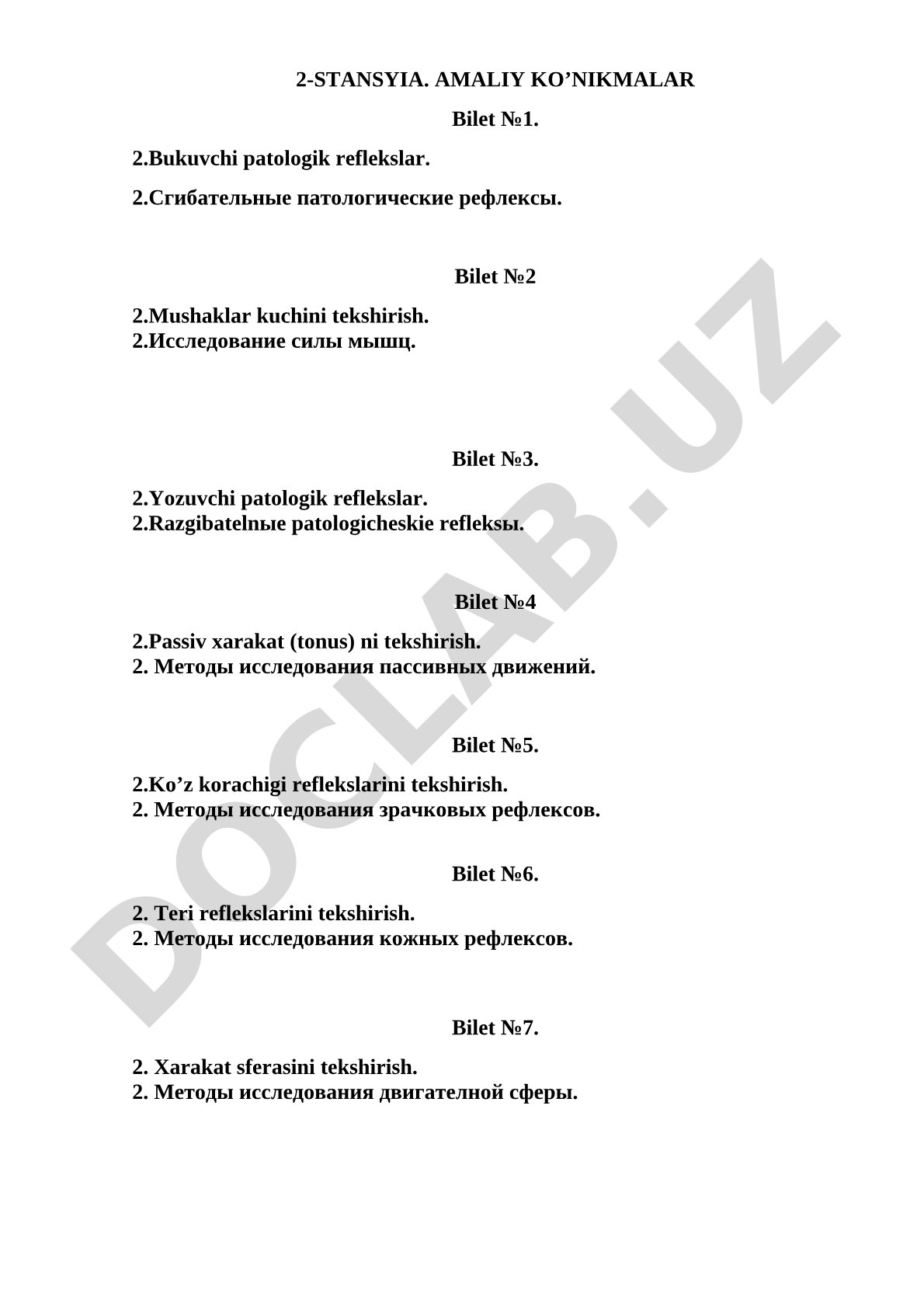 Nevrologiyada amaliy ko'nikmalar biletlari