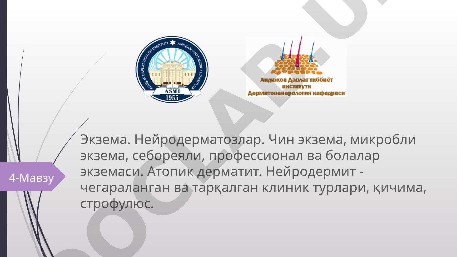 Экзема. Нейродерматозлар. Чин экзема, микробли экзема, себореяли, профессионал ва болалар экземаси. Атопик дерматит. Нейродермит