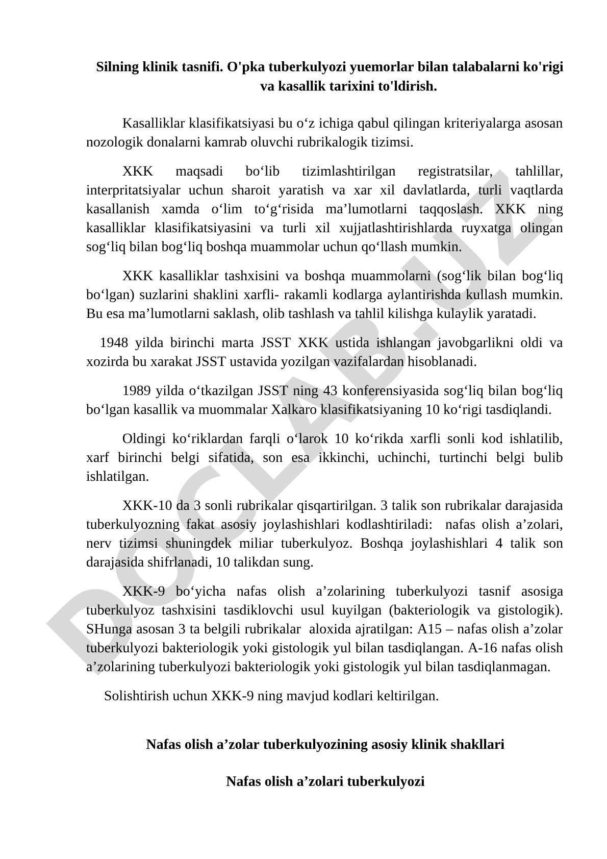 O'pka tuberkulyozi klinik tasnifi va Xalqaro kasalliklar klassifikatsiyasi