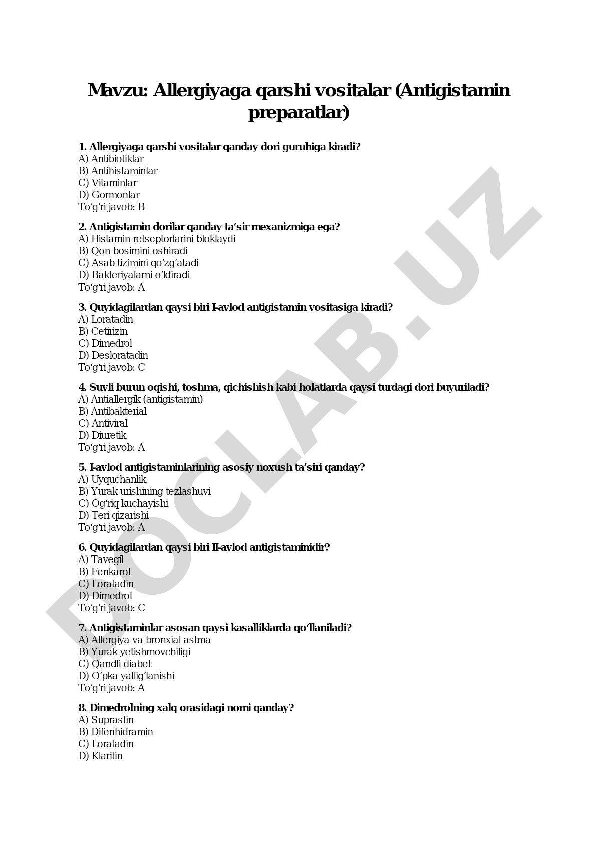 Allergiyaga qarshi vositalar (Antigistamin preparatlar)