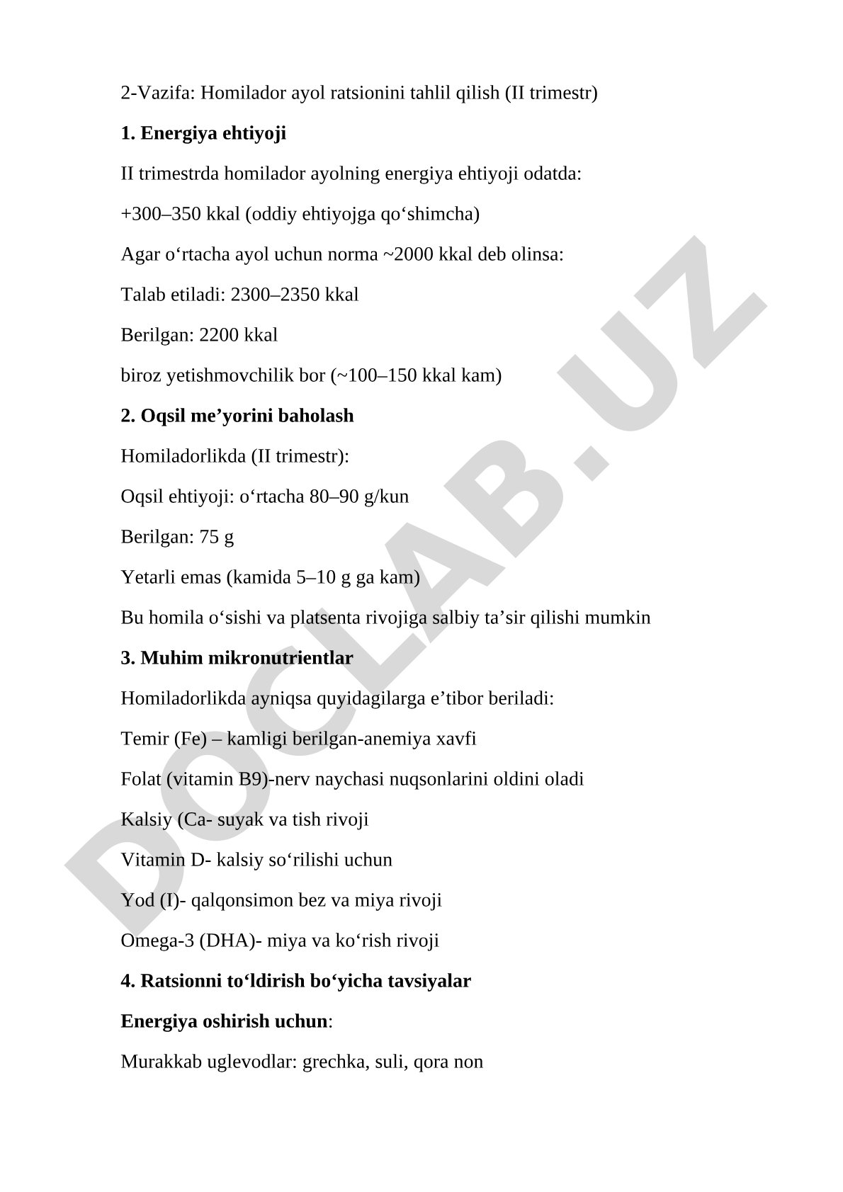 Homilador ayol ratsionini tahlil qilish (II trimestr)