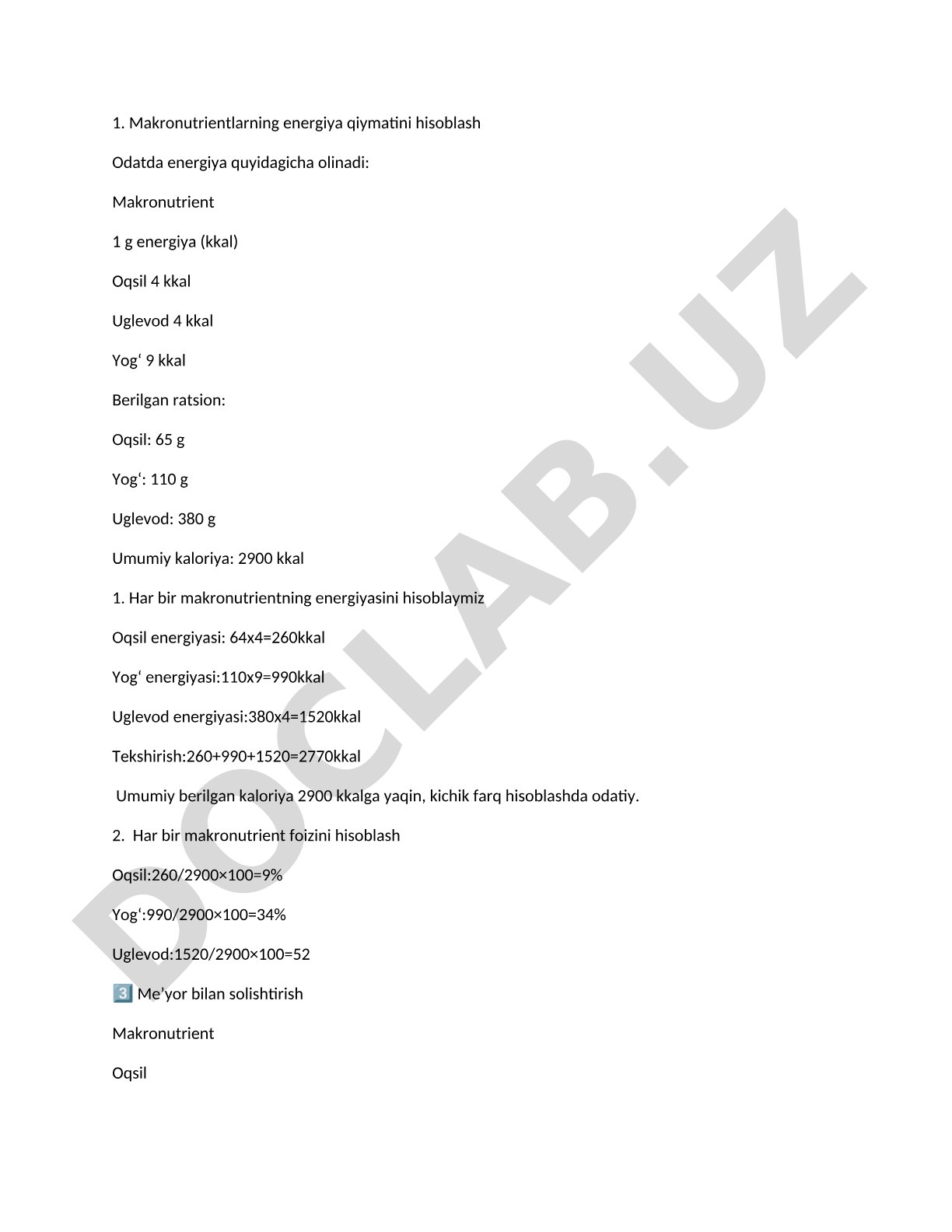Makronutrientlarning energiya qiymatini hisoblash