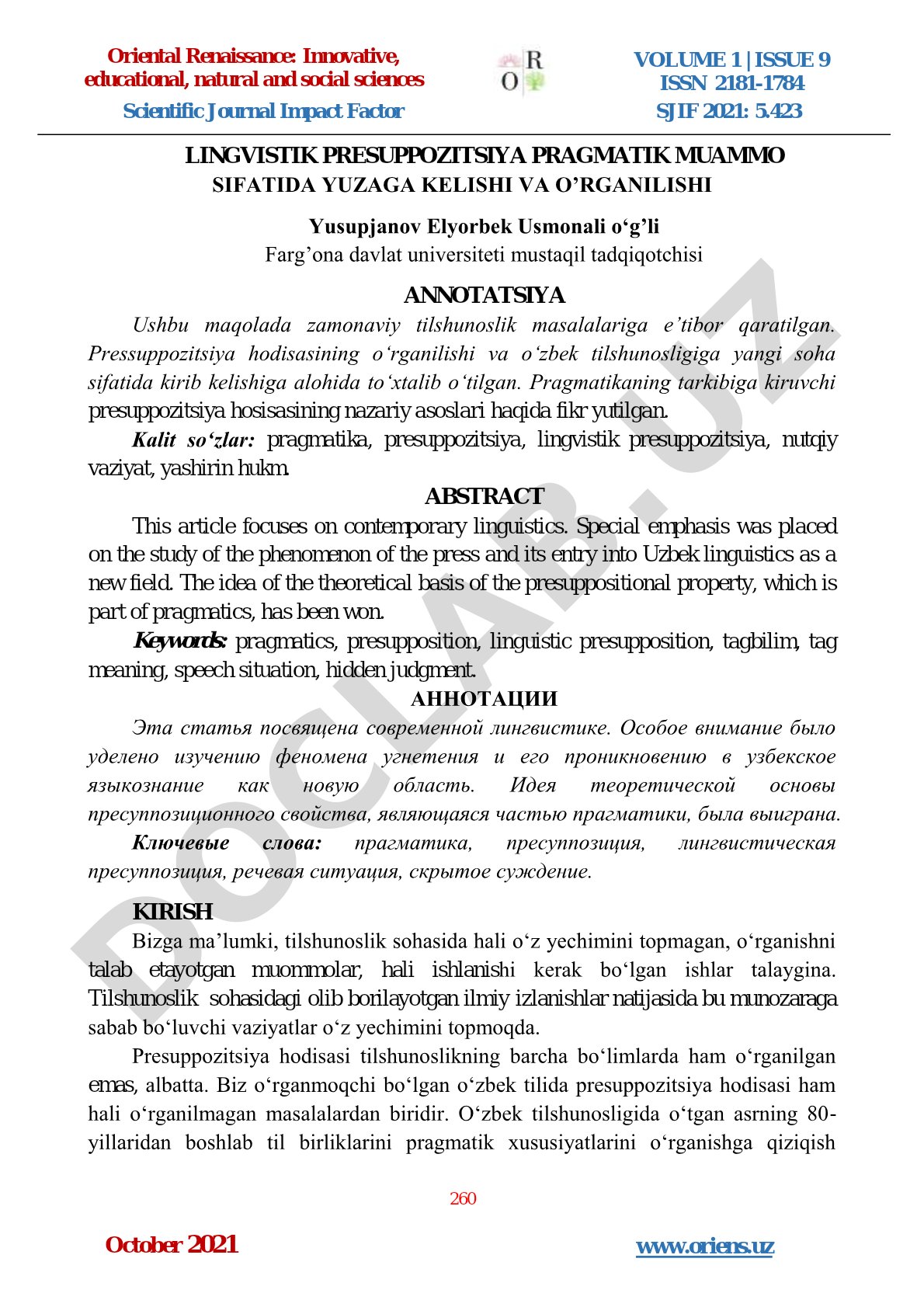 Lingvistik presuppozitsiyaning pragmatik muammo sifatida yuzaga kelishi va o'rganilishi