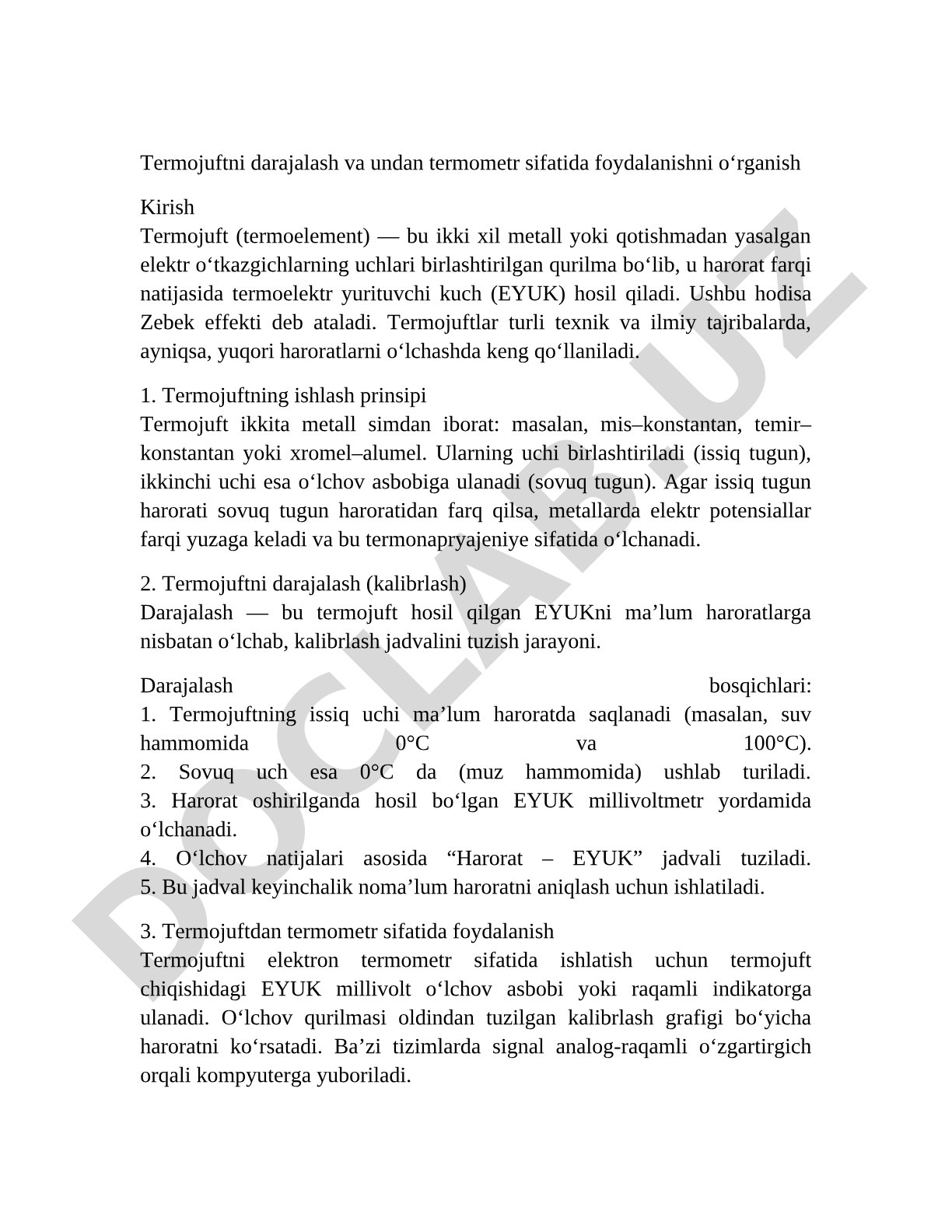 Termojuftni darajalash va undan termometr sifatida foydalanish