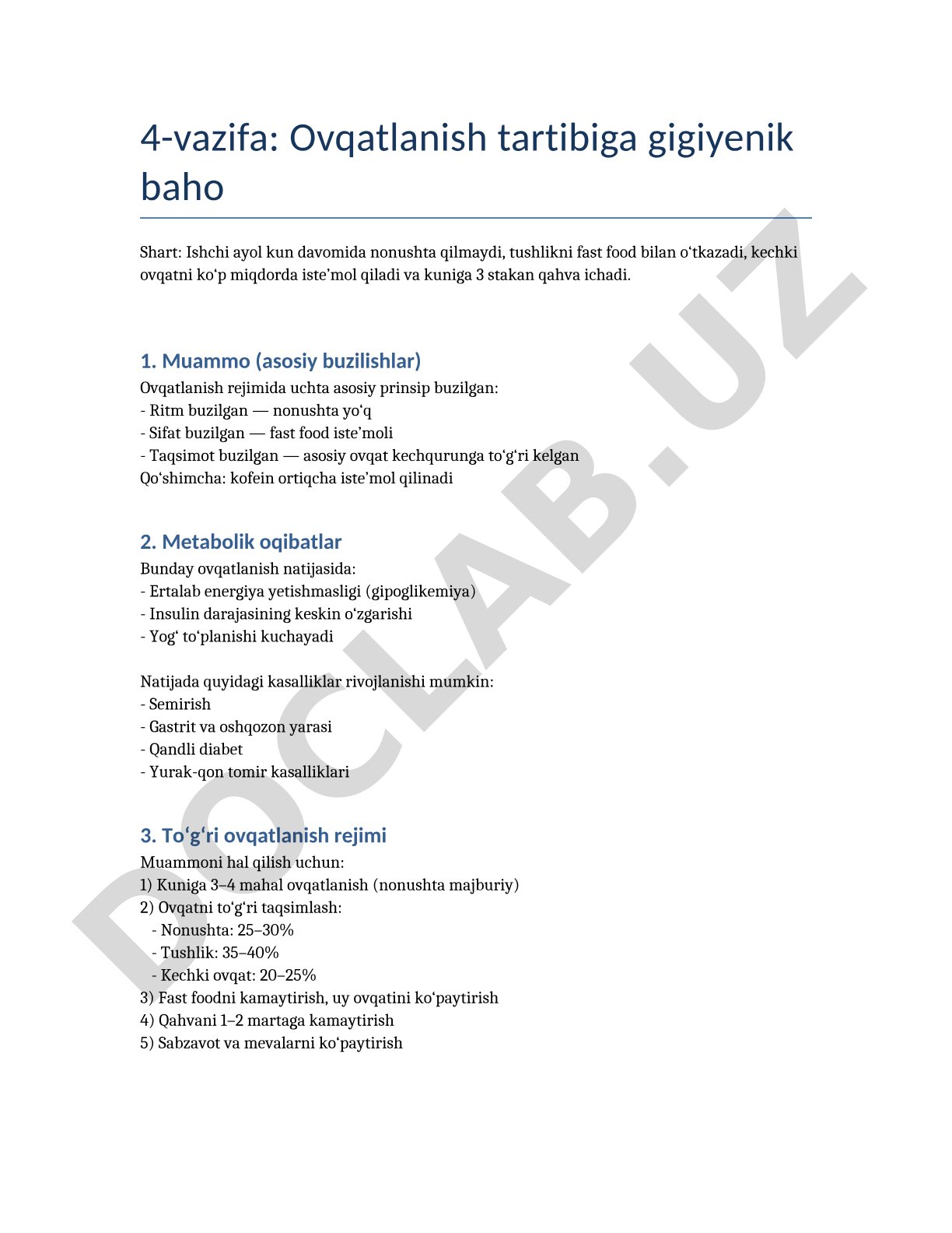 Ovqatlanish tartibiga gigiyenik baho