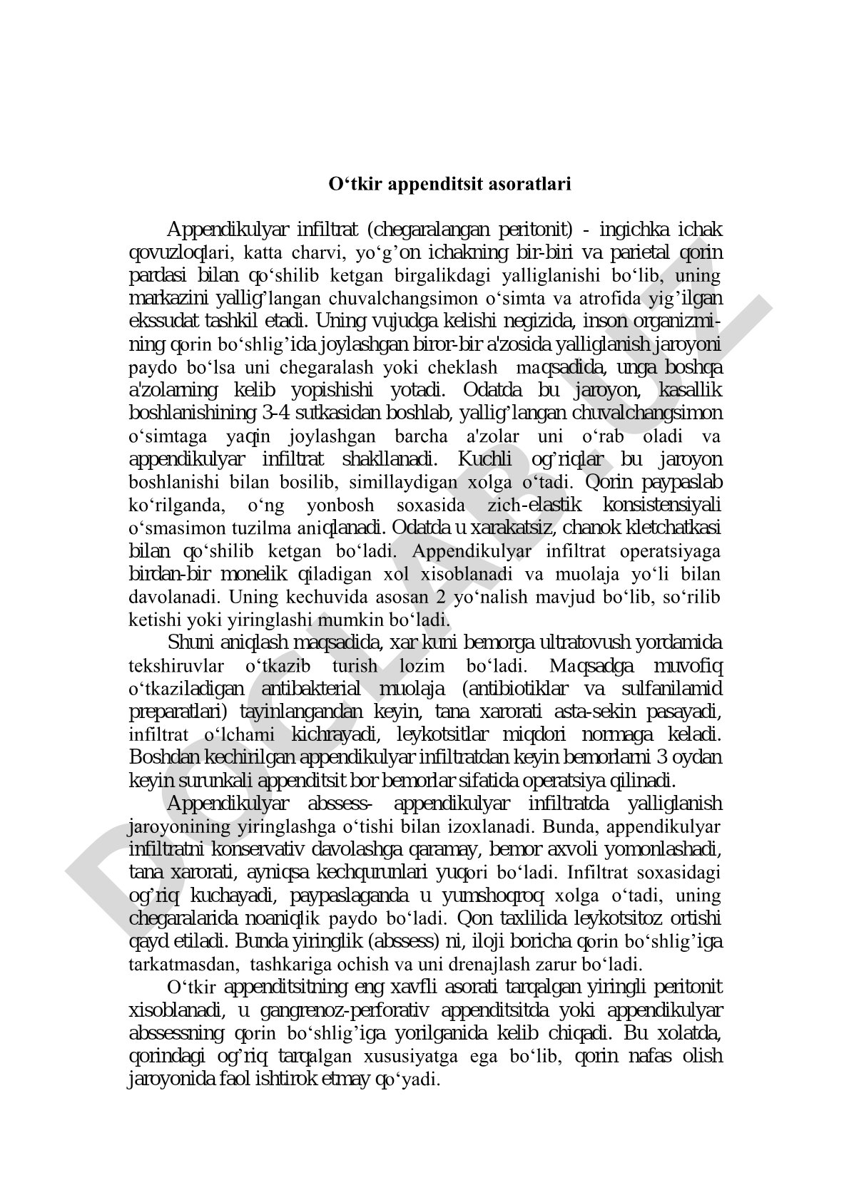 O‘tkir appenditsit asoratlari: Appendikulyar infiltrat