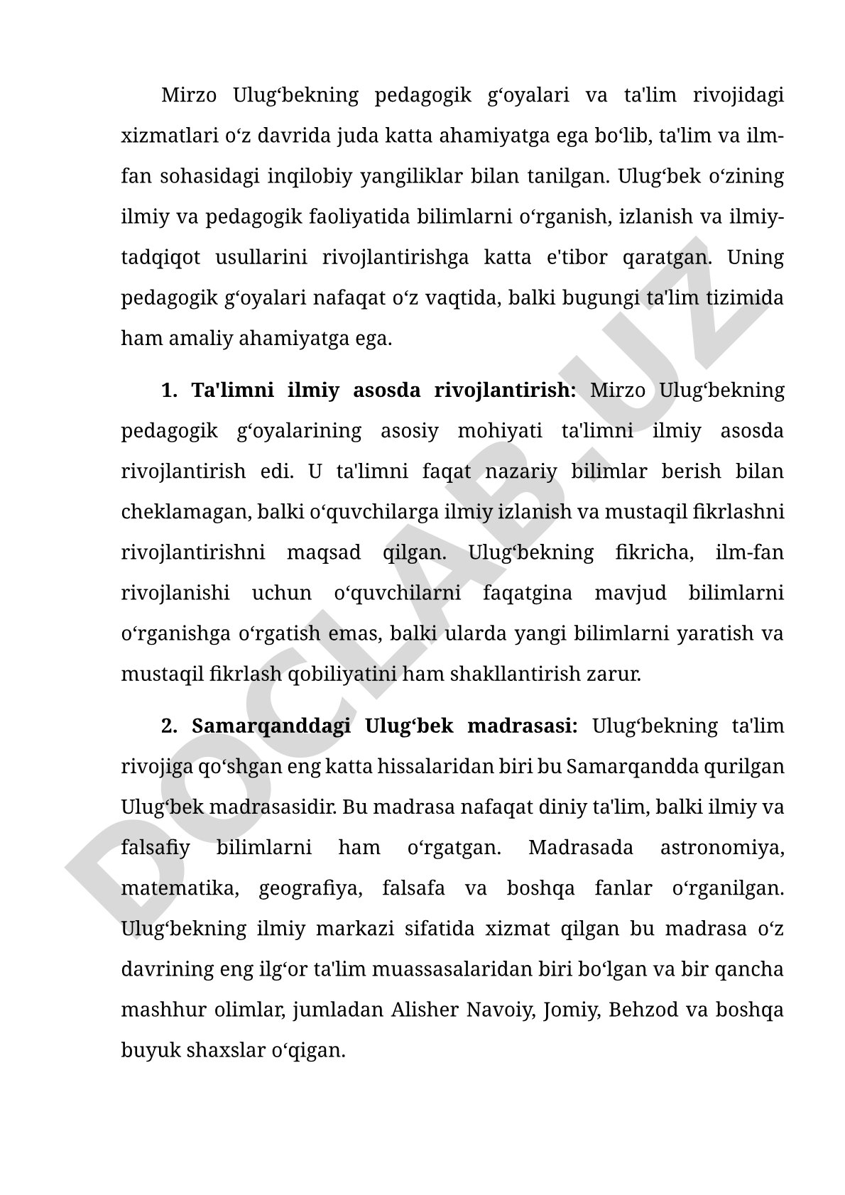 Mirzo Ulug‘bekning pedagogik g‘oyalari va ta'lim rivojidagi xizmatlari