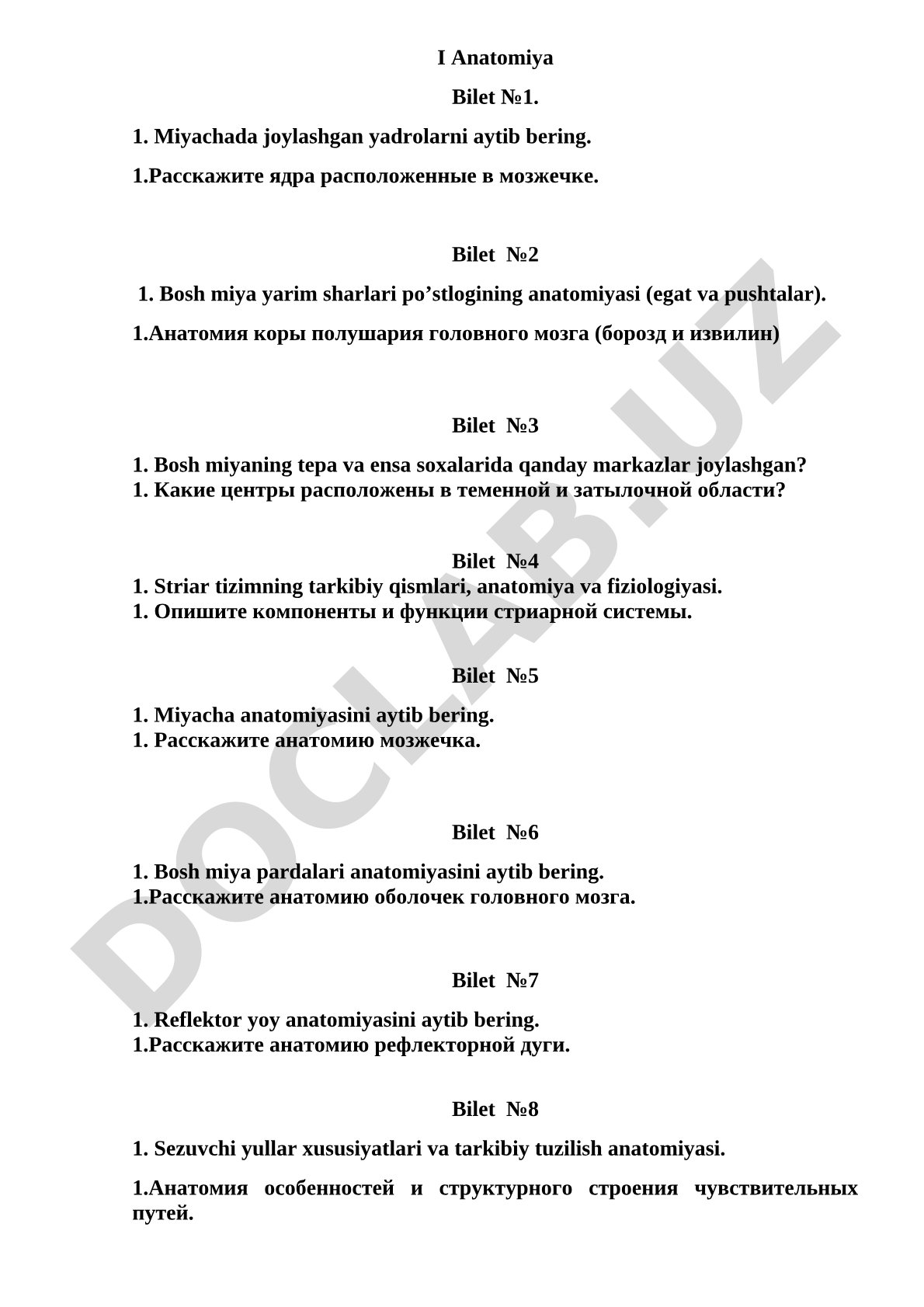 Anatomiya fanidan biletlar to'plami