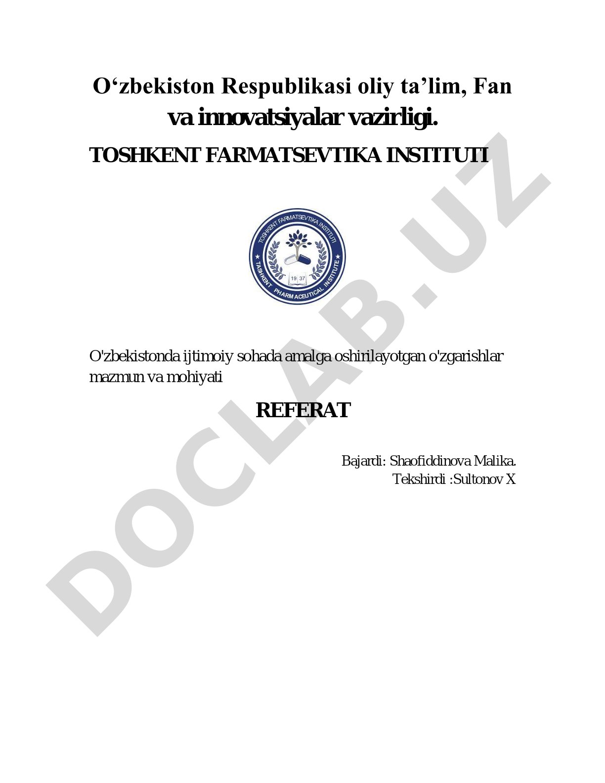 O'zbekistonda ijtimoiy sohada amalga oshirilayotgan o'zgarishlar mazmun va mohiyati