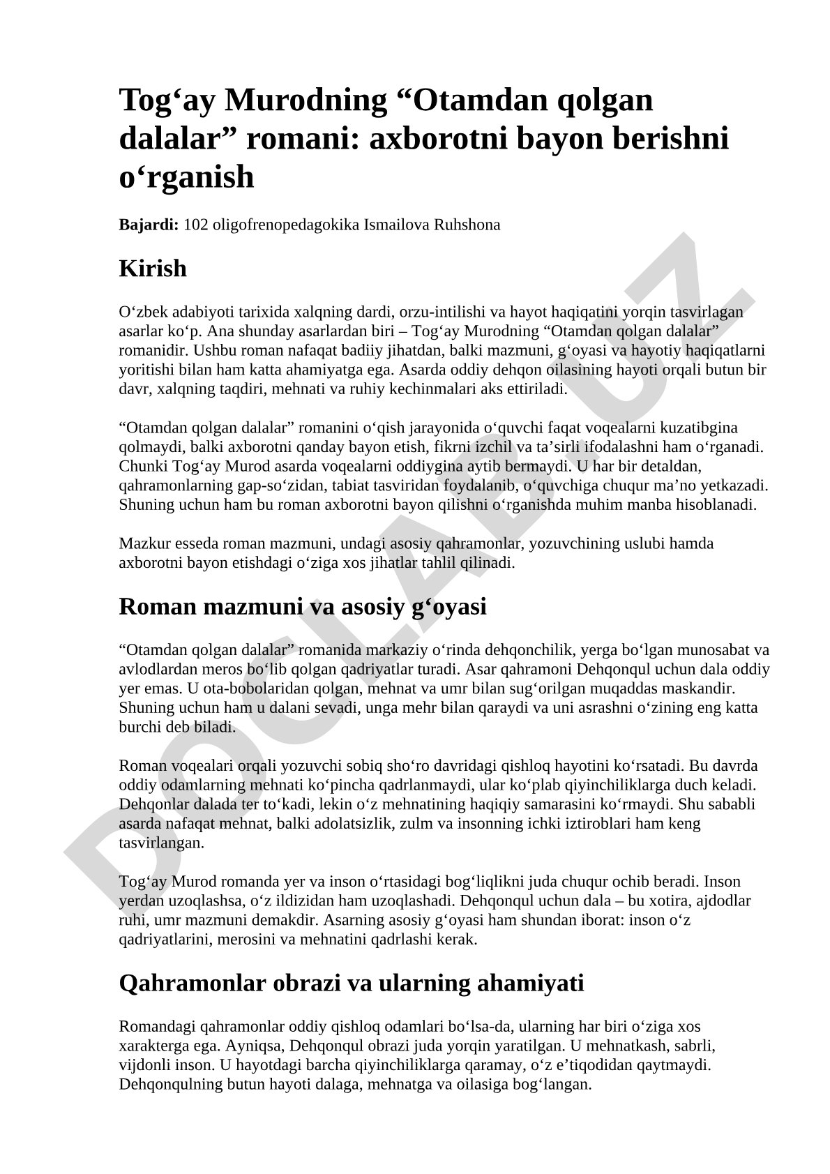 Tog‘ay Murodning “Otamdan qolgan dalalar” romani: axborotni bayon berishni o‘rganish