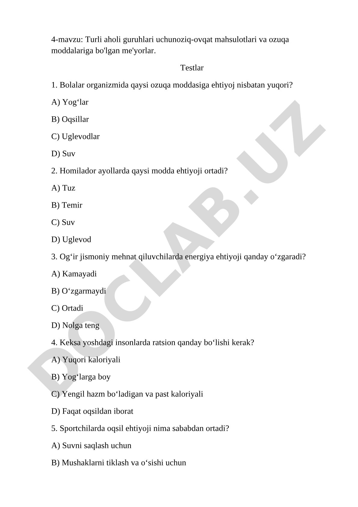 Turli aholi guruhlari uchun oziq-ovqat mahsulotlari va ozuqa moddalariga bo'lgan me'yorlar