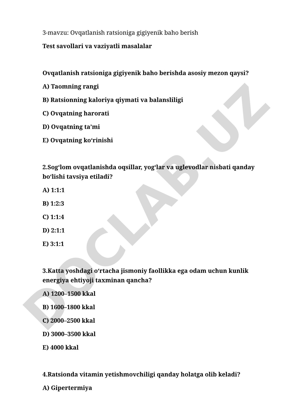 Ovqatlanish ratsioniga gigiyenik baho berish test savollari