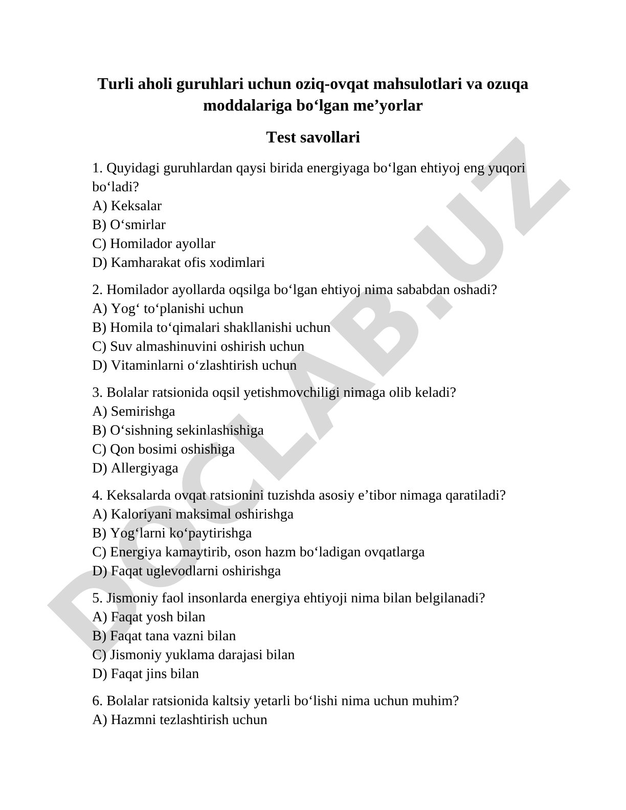 Turli aholi guruhlari uchun oziq-ovqat mahsulotlari va ozuqa moddalariga bo‘lgan me’yorlar