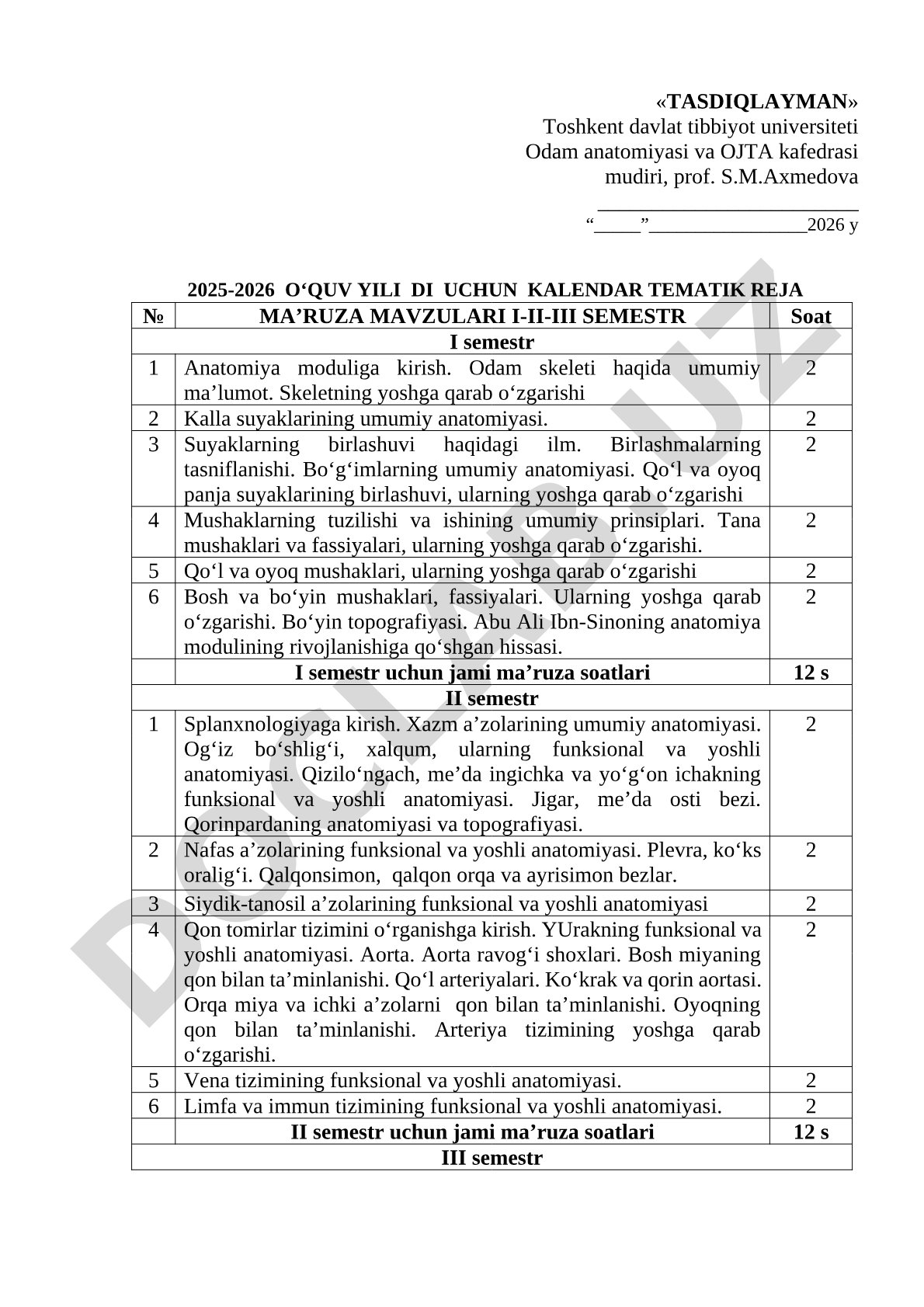Odam anatomiyasi va OJTA kafedrasi uchun kalendar tematik reja