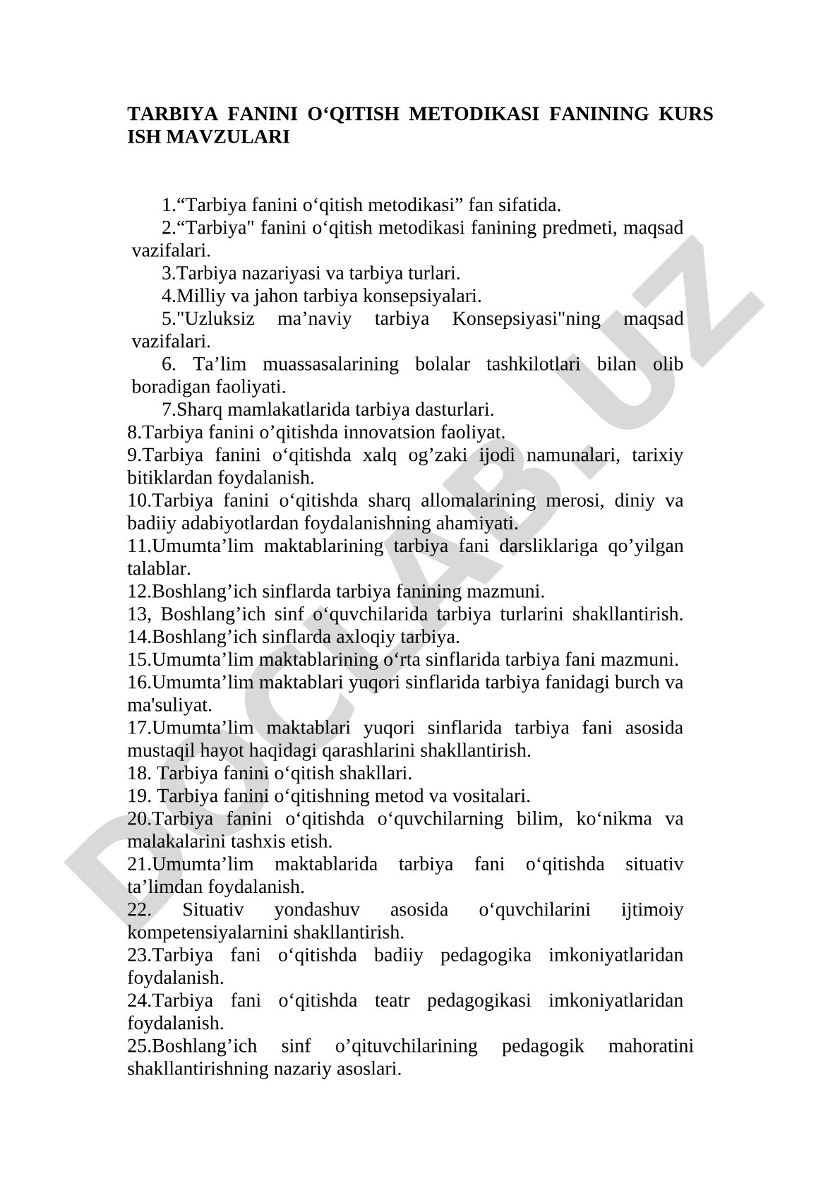 Tarbiya fanini o‘qitish metodikasi kurs ishi mavzulari