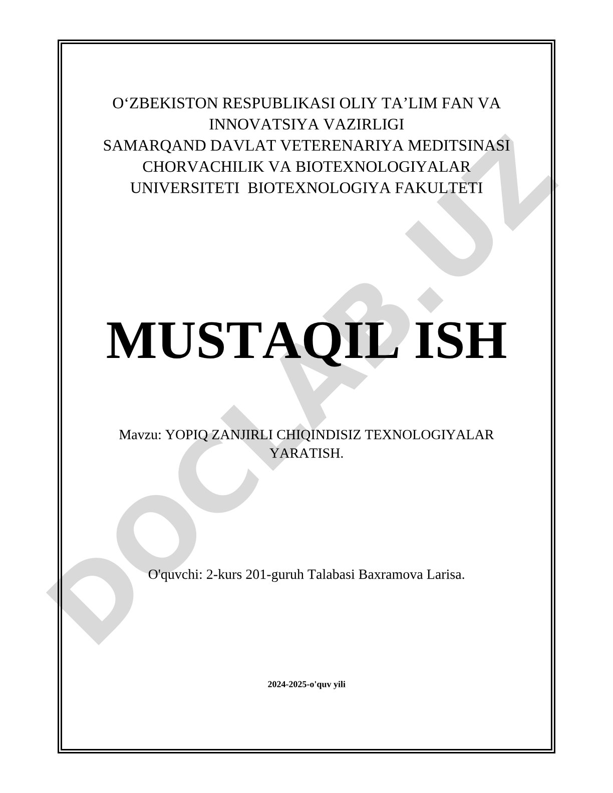 Yopiq zanjirli chiqindisiz texnologiyalar yaratish