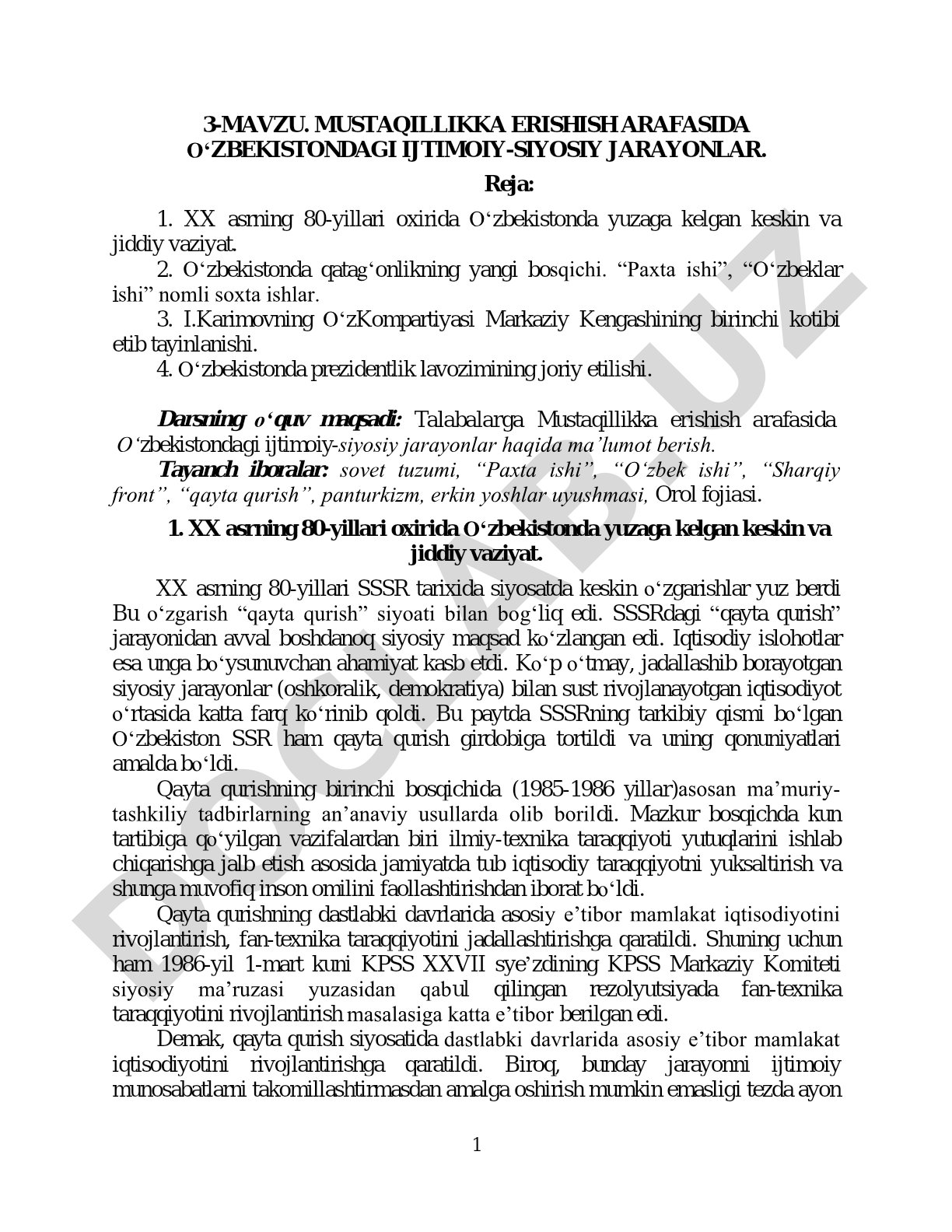 Mustaqillikka erishish arafasida O‘zbekistondagi ijtimoiy-siyosiy jarayonlar