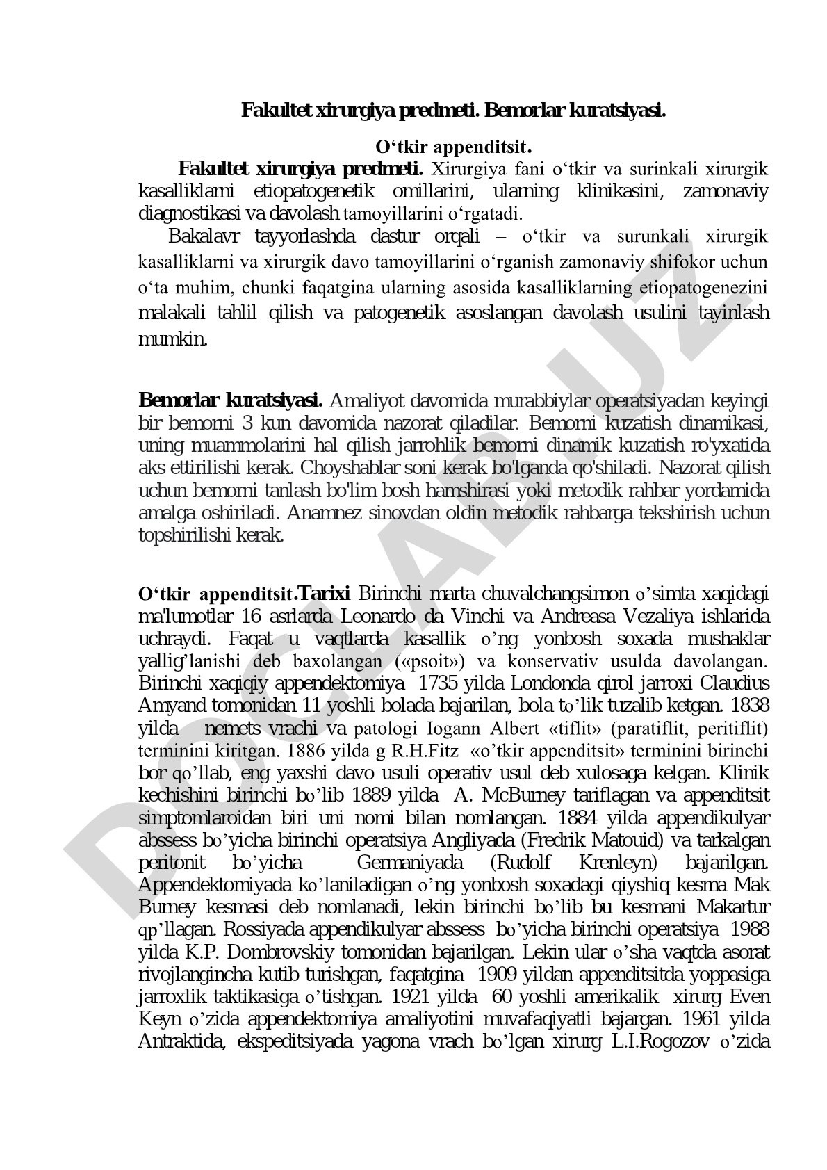 Fakultet xirurgiya predmeti. Bemorlar kuratsiyasi. O'tkir appenditsit