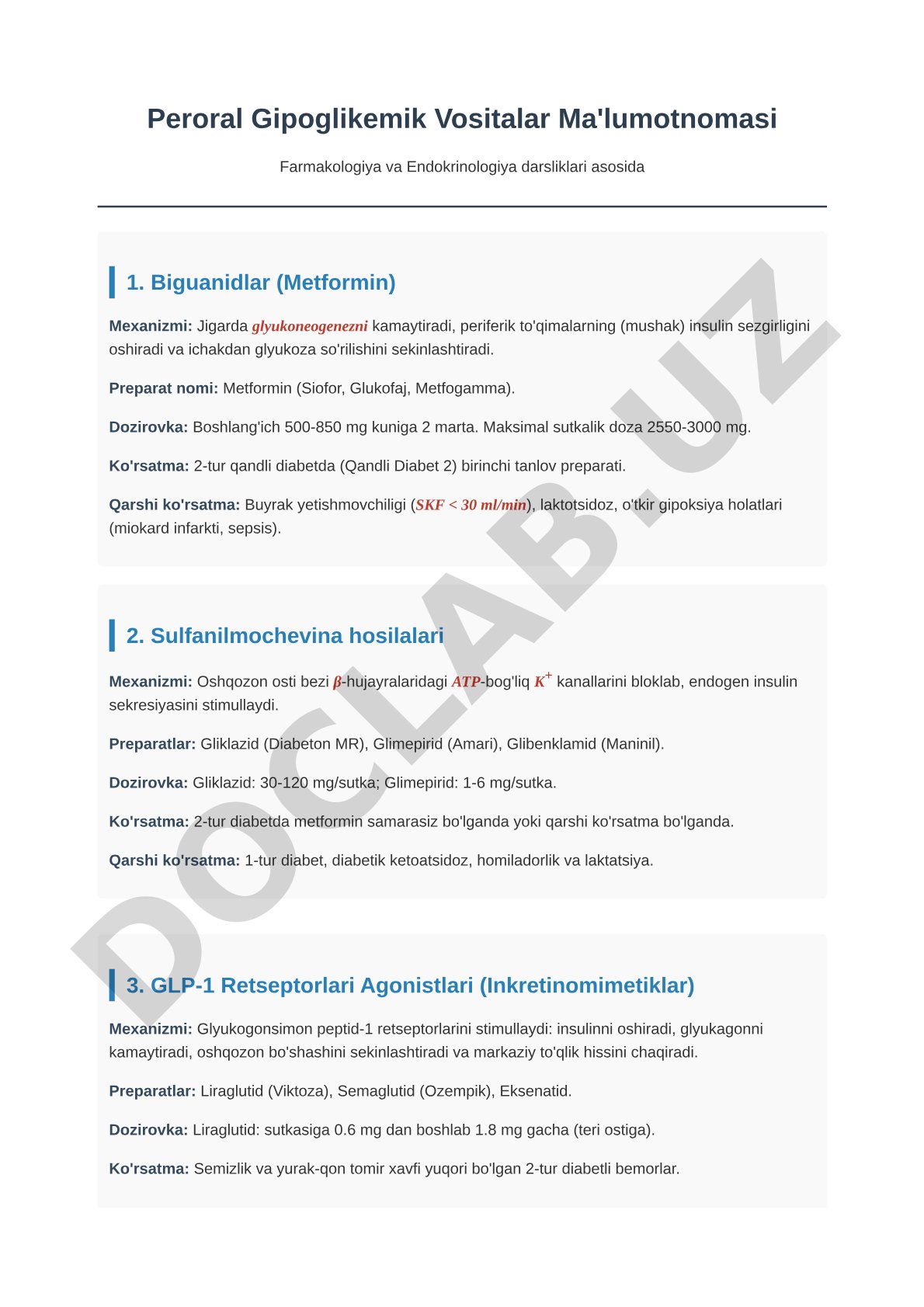 Peroral Gipoglikemik Vositalar Ma'lumotnomasi