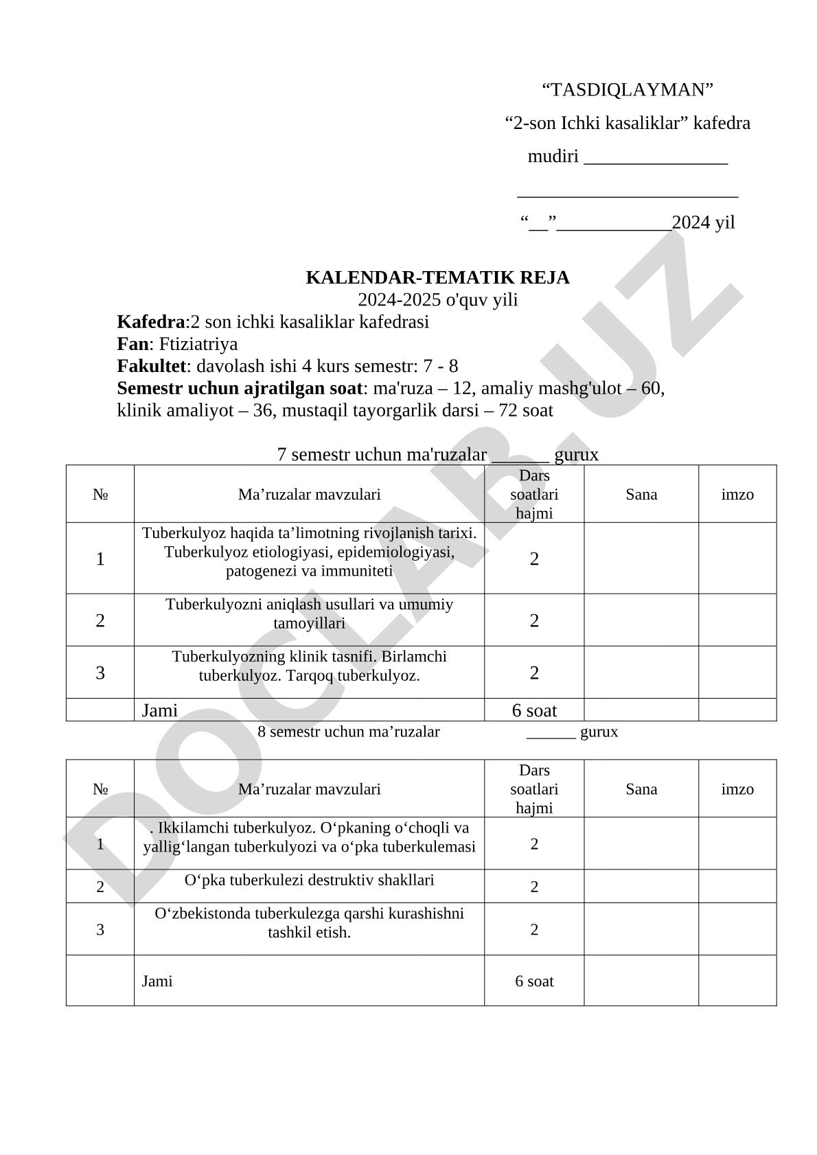 Kalendar-tematik reja: Ftiziatriya fanidan 2024-2025 o'quv yili
