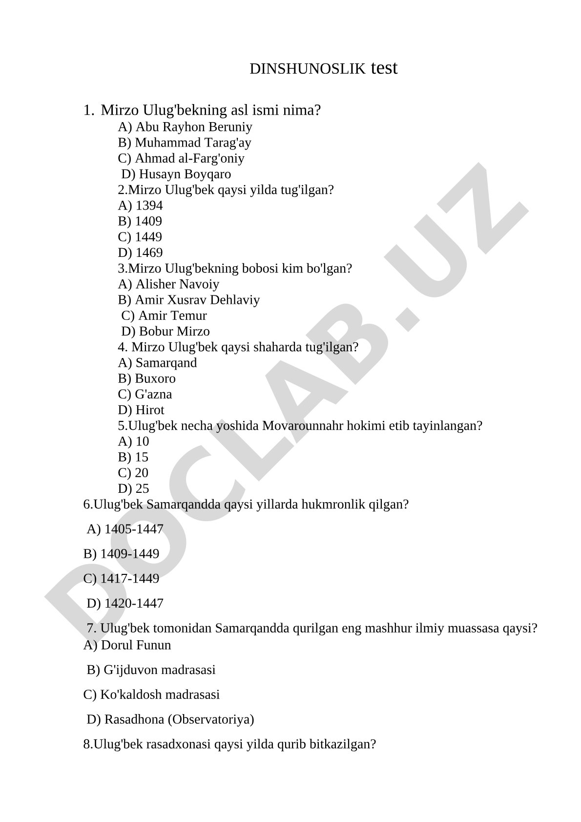 Dinshunoslik test savollari