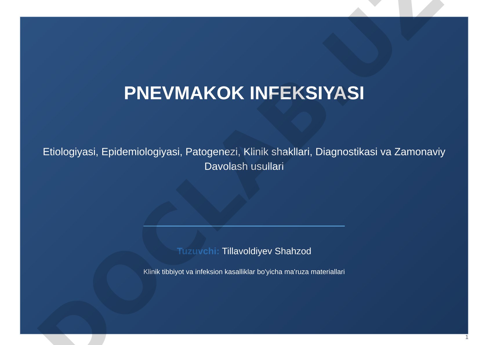 Pnevmakok infeksiyasi: etiologiyasi, epidemiologiyasi, patogenezi, klinik shakllari, diagnostikasi va zamonaviy davolash usullari