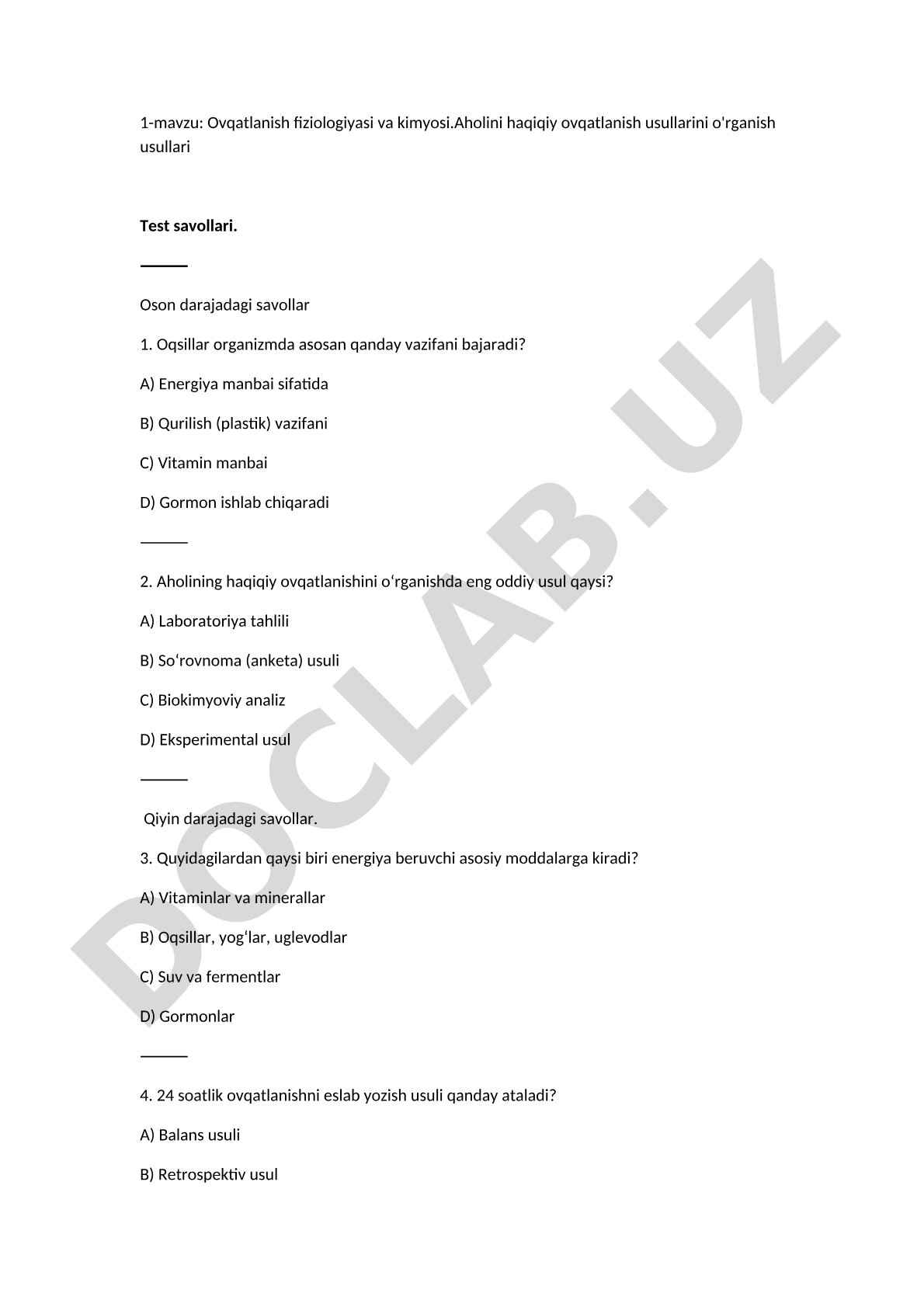 Ovqatlanish fiziologiyasi va kimyosi
