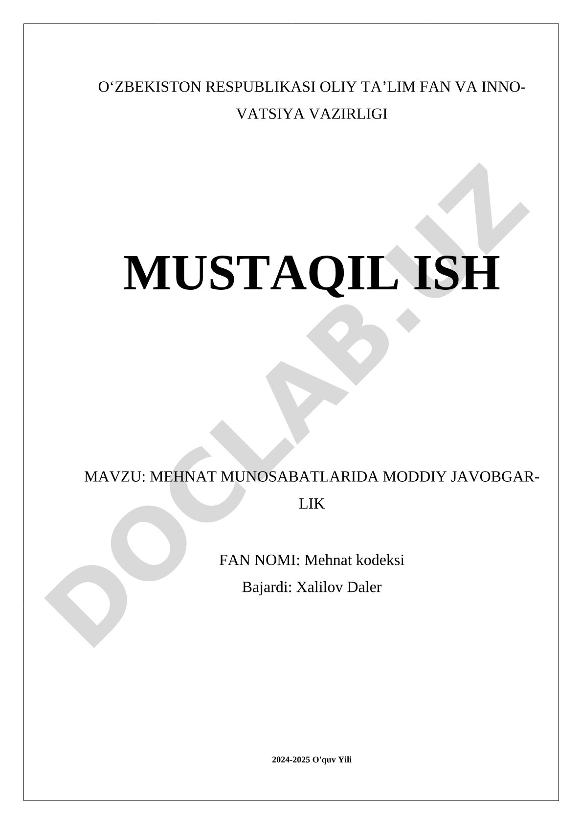 Mehnat munosabatlarida moddiy javobgarlik