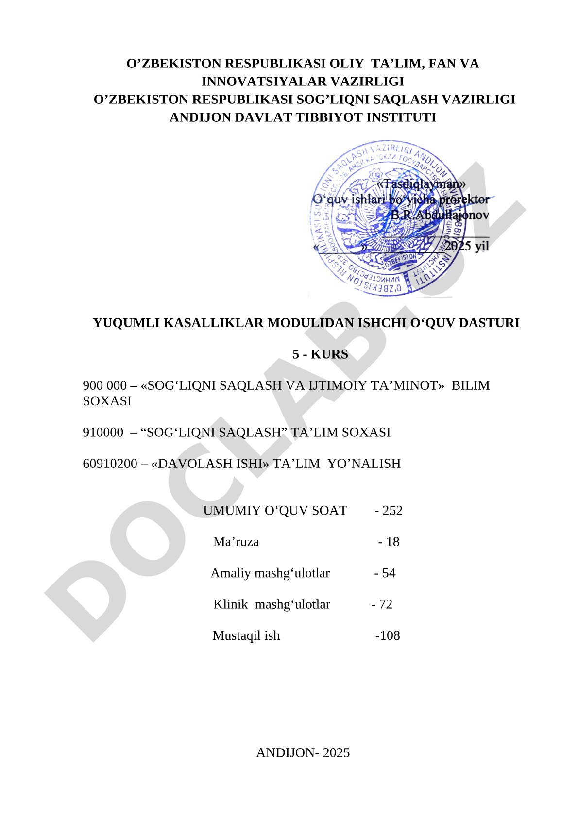 Yuqumli kasalliklar modulidan ishchi o'quv dasturi