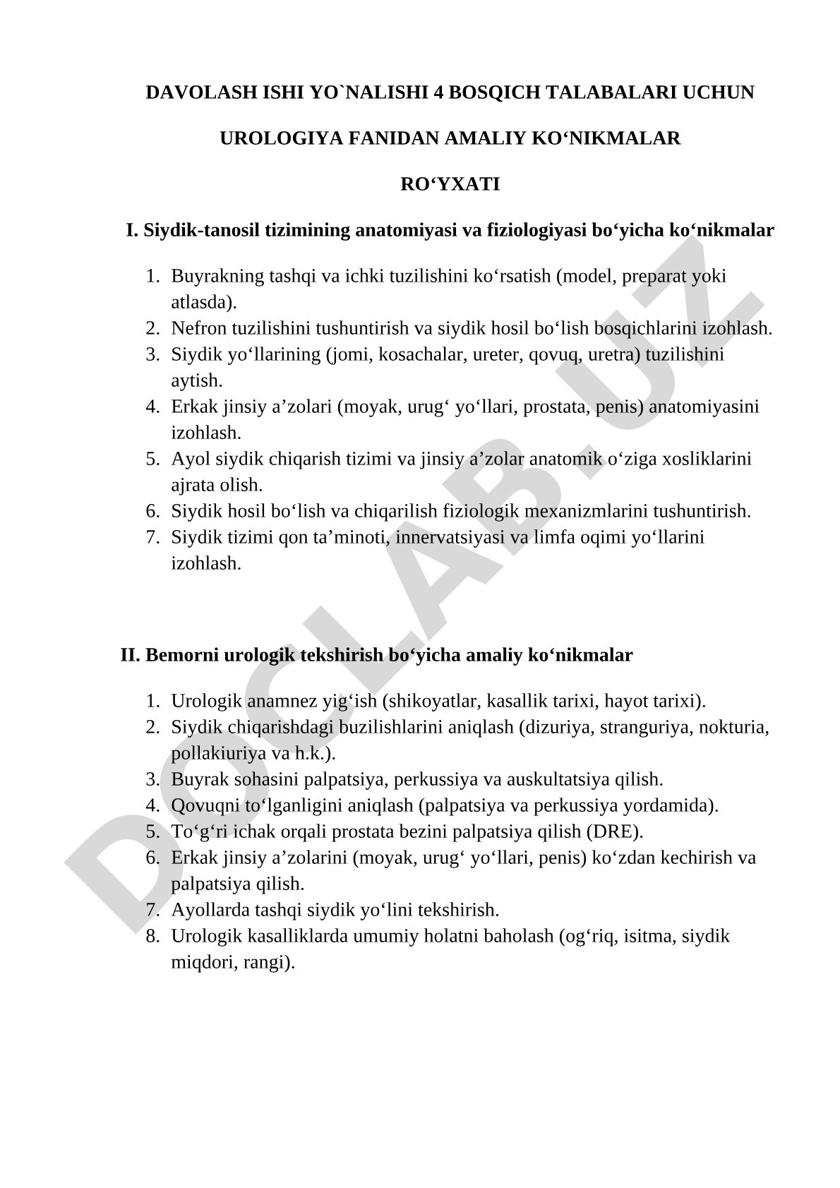 Urologiya fanidan amaliy ko‘nikmalar ro‘yxati