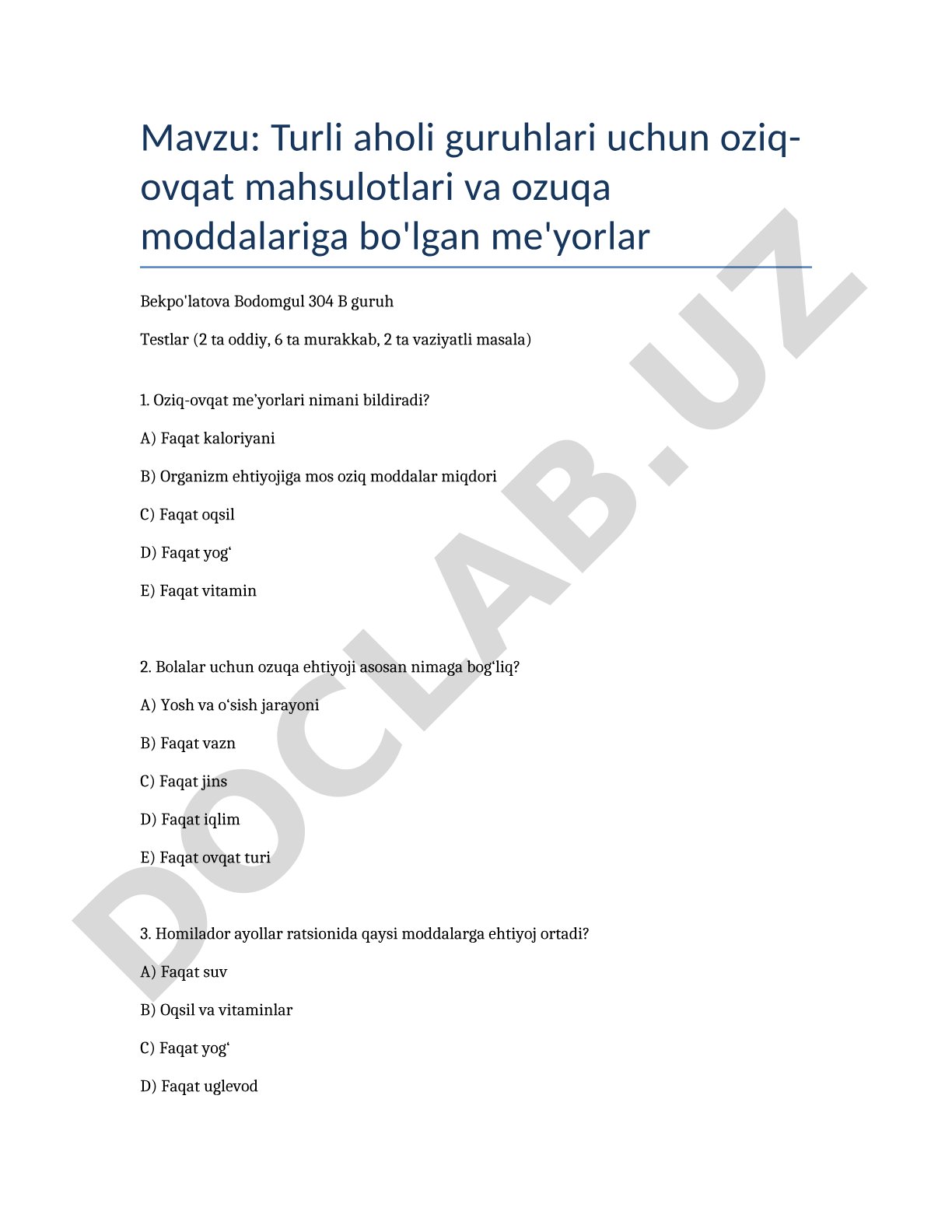Turli aholi guruhlari uchun oziq-ovqat mahsulotlari va ozuqa moddalariga bo'lgan me'yorlar