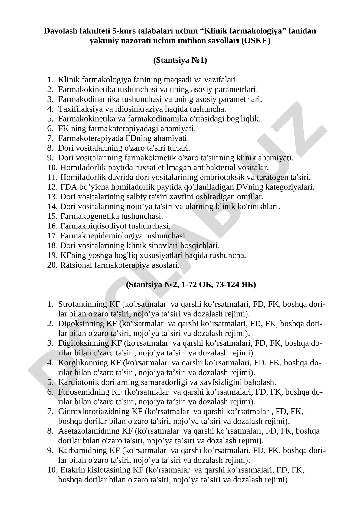 Klinik farmakologiya fanidan yakuniy nazorat imtihon savollari (OSKE)