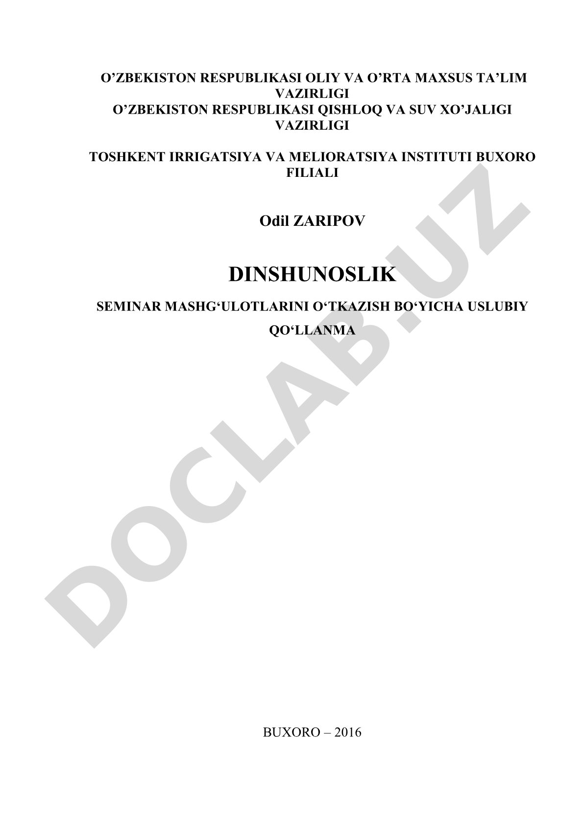 Dinshunoslik seminar mashg'ulotlarini o'tkazish bo'yicha uslubiy qo'llanma