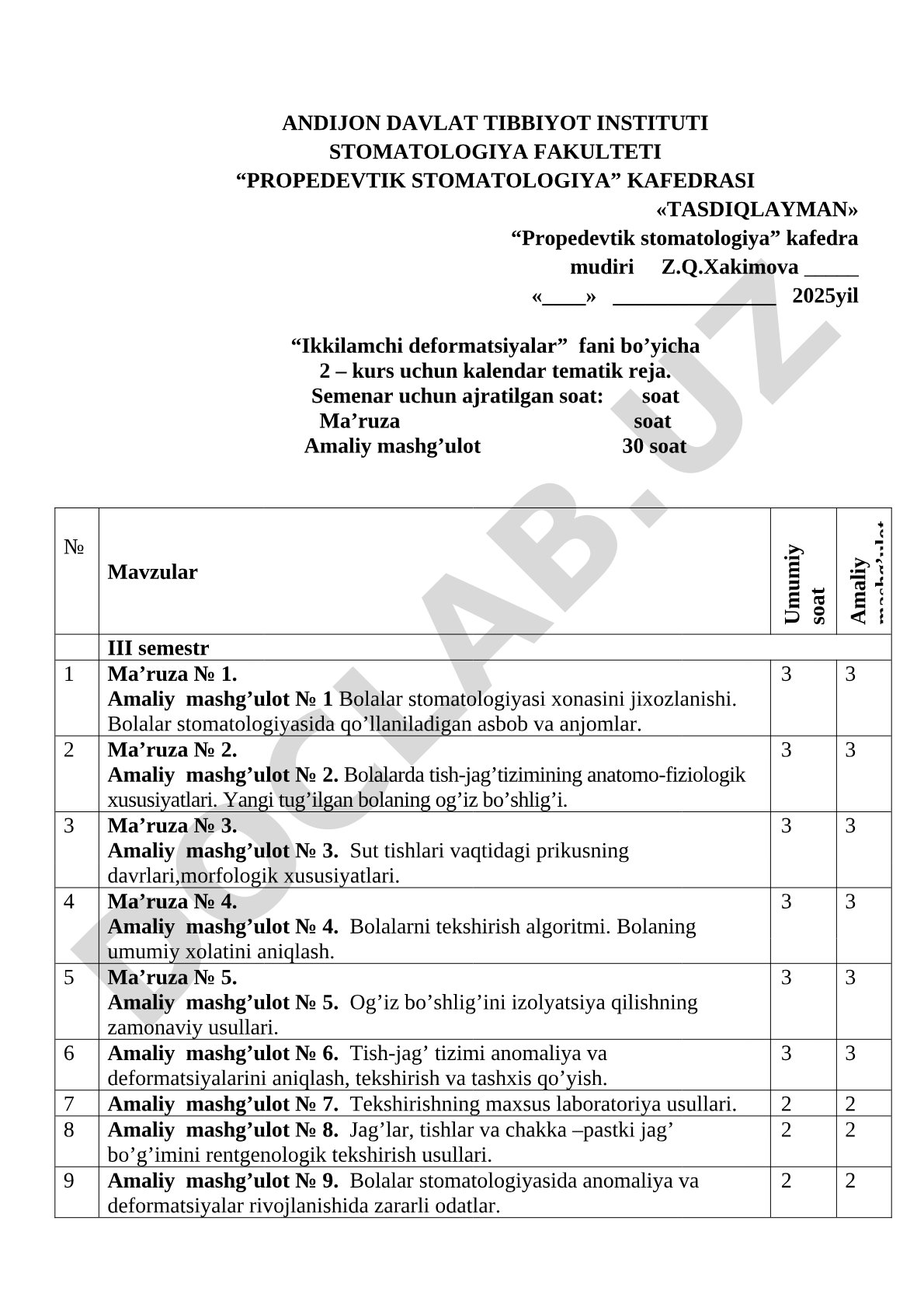Ikkilamchi deformatsiyalar fanidan kalendar tematik reja