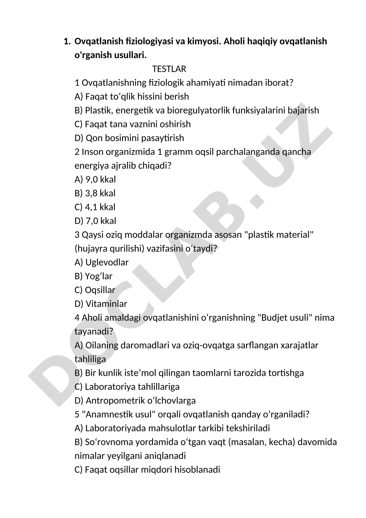 Ovqatlanish fiziologiyasi va kimyosi testlari