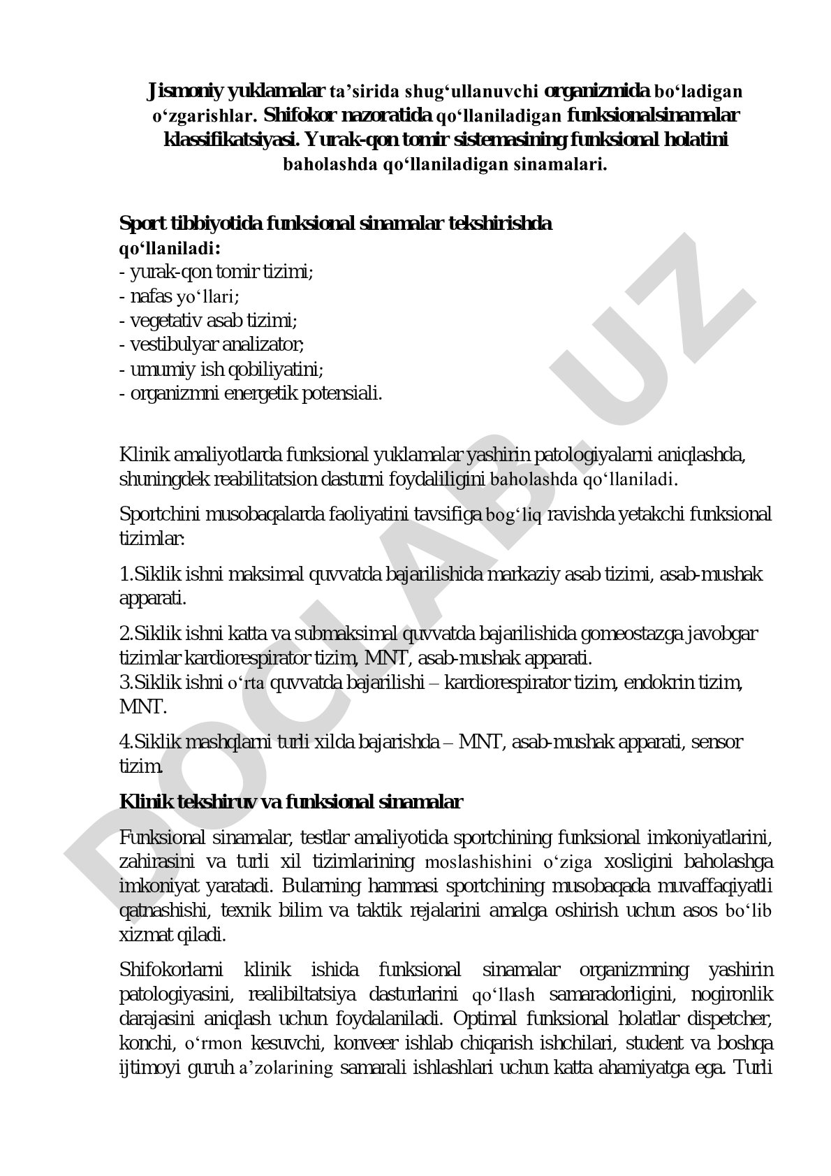 Jismoniy yuklamalar ta'sirida organizmda bo'ladigan o'zgarishlar
