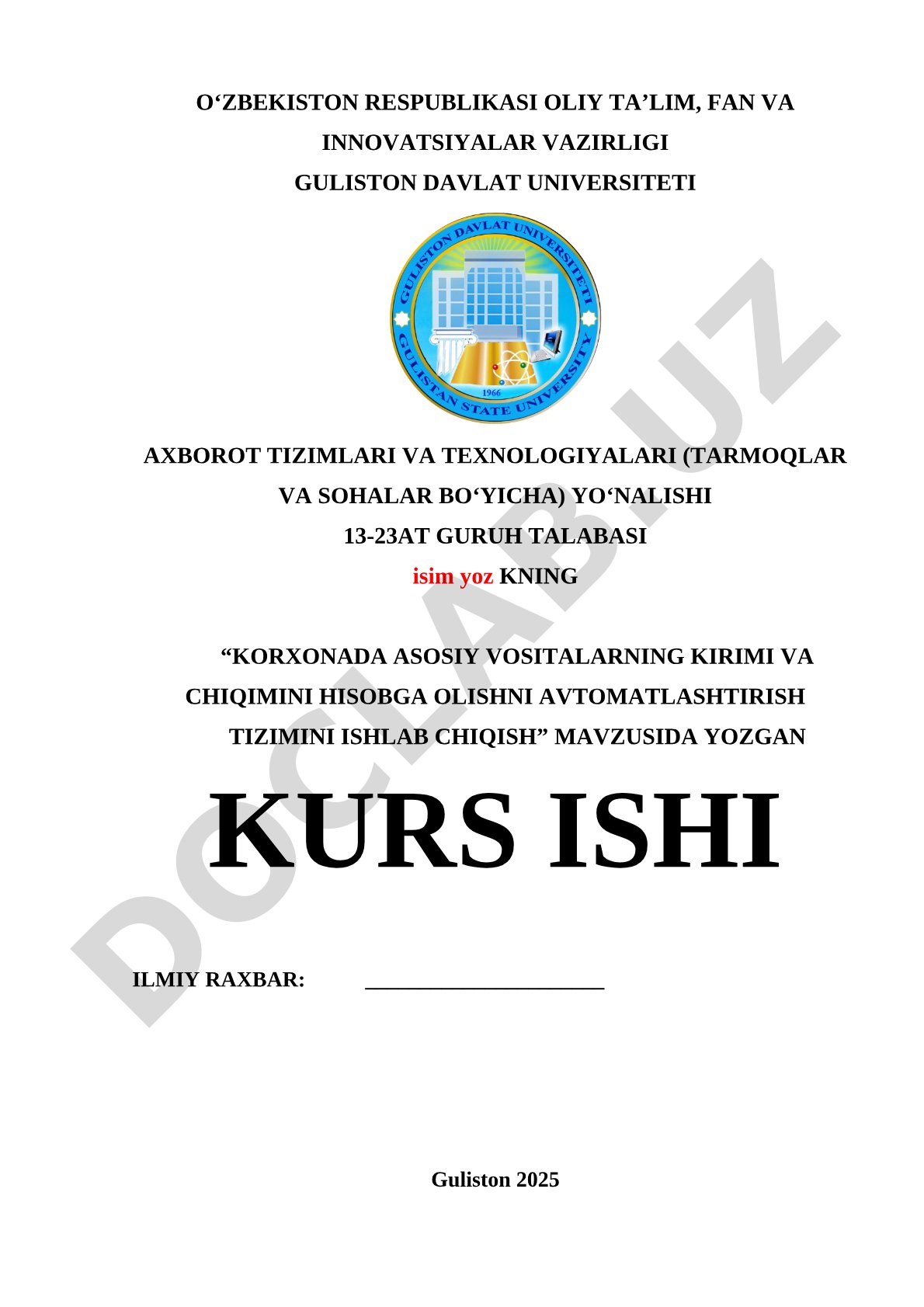 Korxonada asosiy vositalarning kirimi va chiqimini hisobga olishni avtomatlashtirish tizimini ishlab chiqish