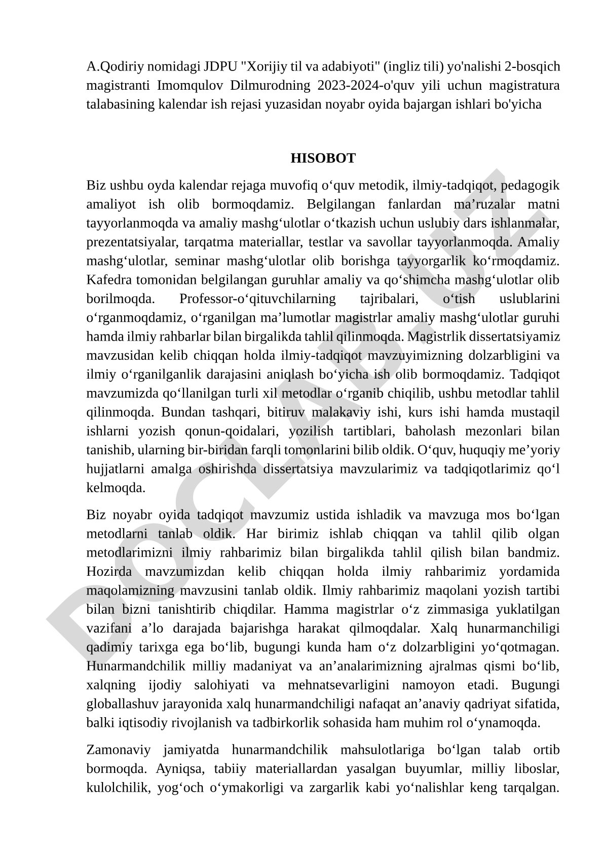 Magistratura talabasining kalendar ish rejasi bo'yicha noyabr oyidagi hisobot