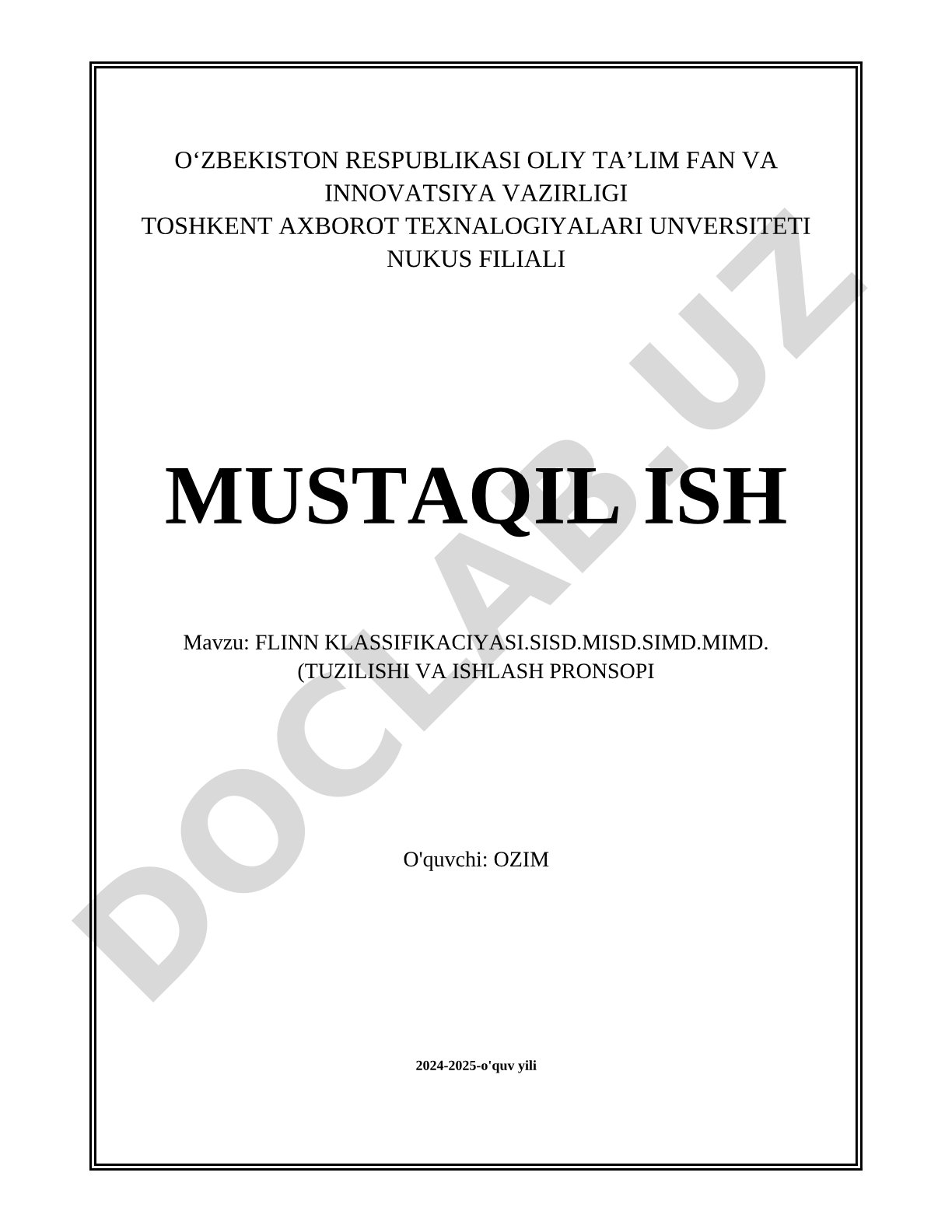 FLINN KLASSIFIKACIYASI.SISD.MISD.SIMD.MIMD.(TUZILISHI VA ISHLASH PRONSOPI