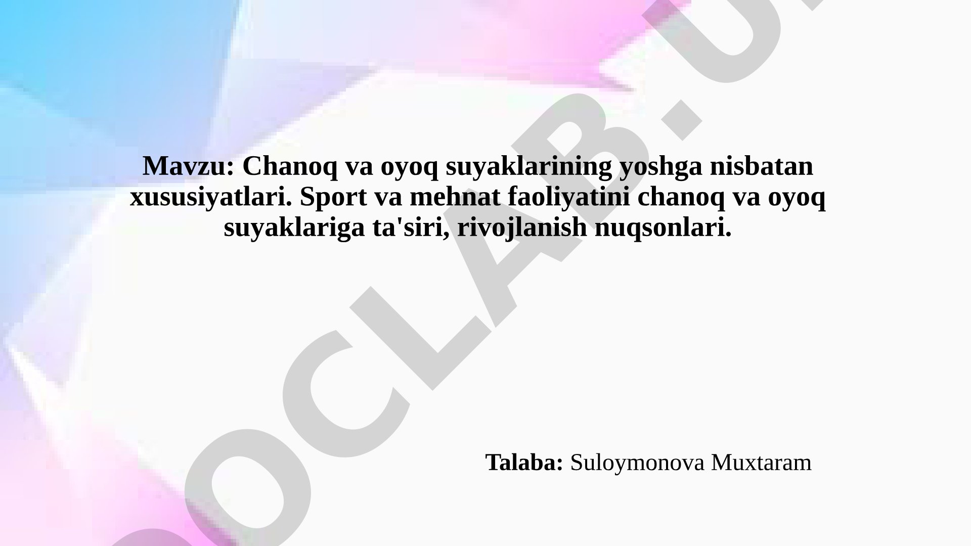 Chanoq va oyoq suyaklarining yoshga nisbatan xususiyatlari va sport-mehnat ta'siri