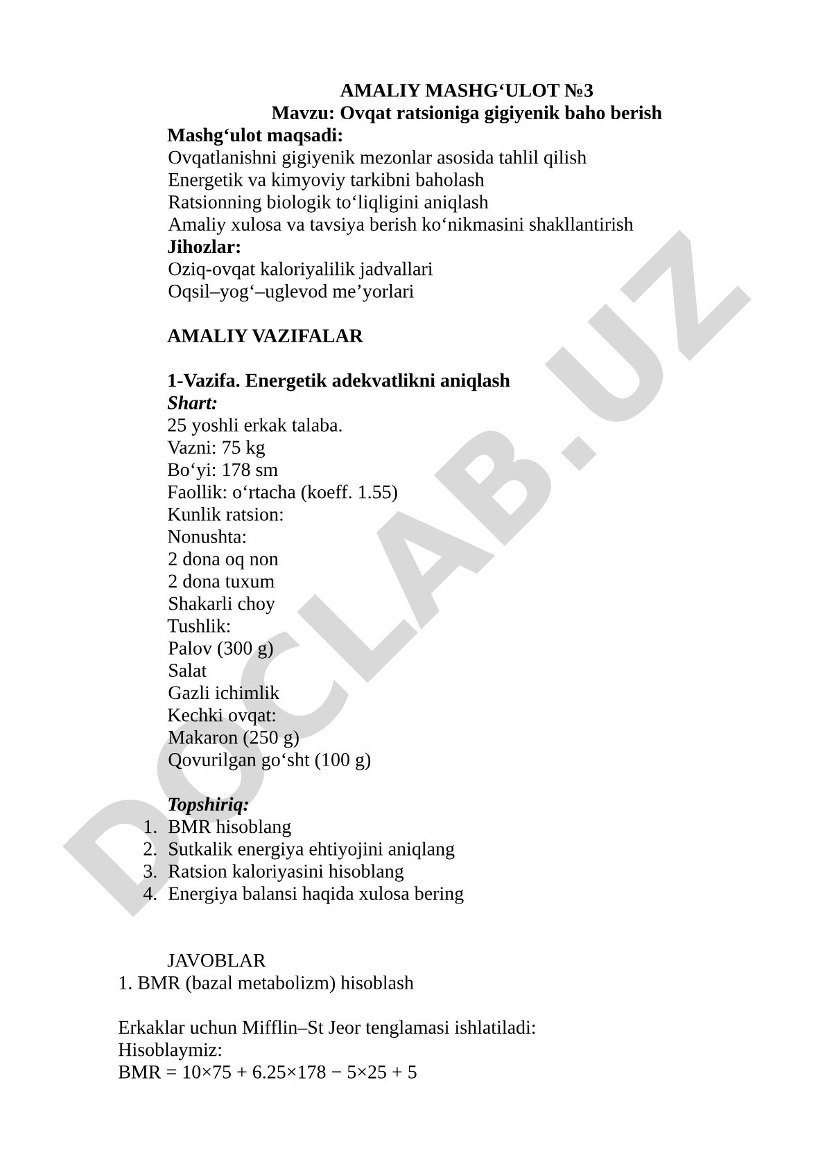 Ovqat ratsioniga gigiyenik baho berish
