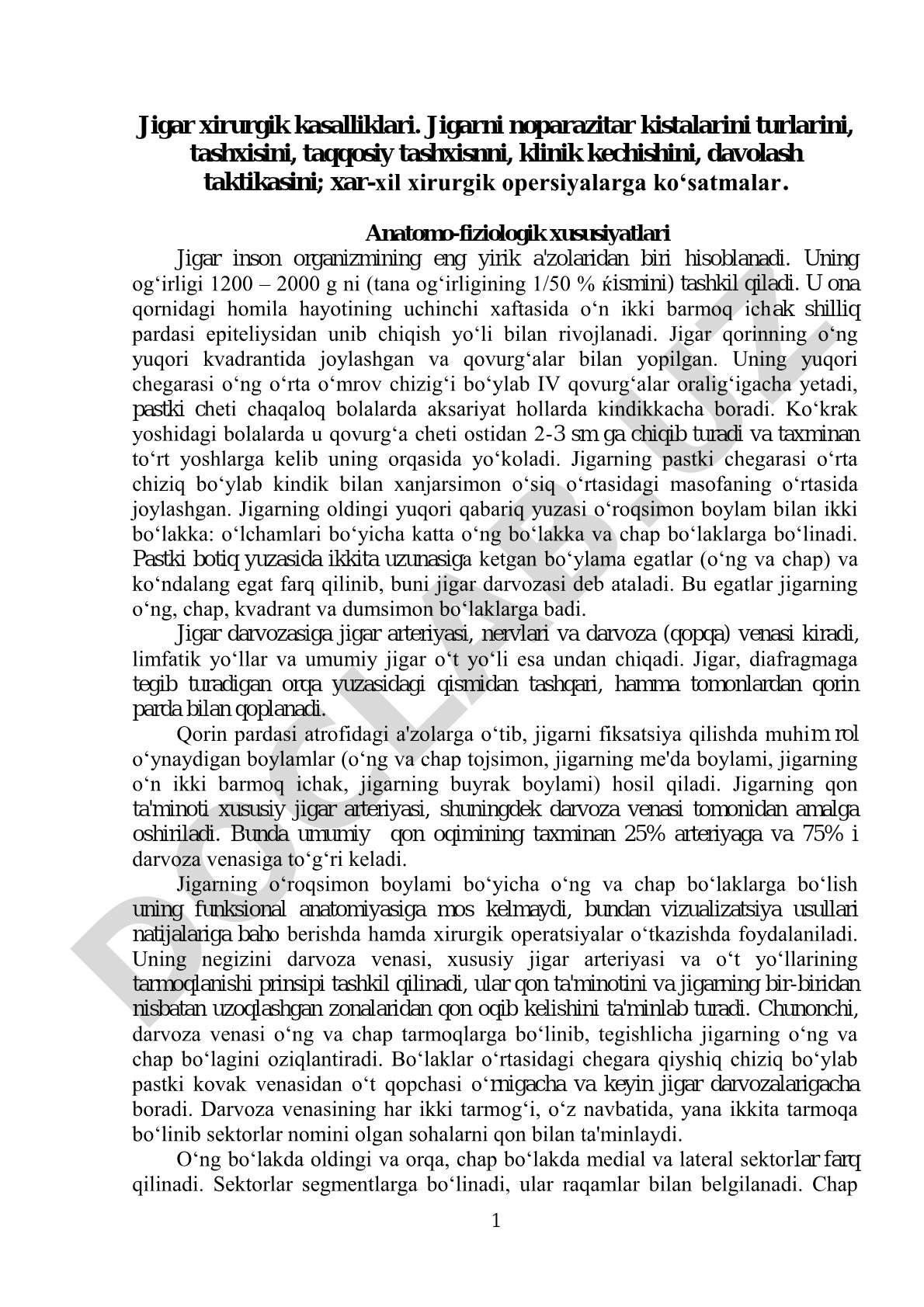 Jigar xirurgik kasalliklari va noparazitar kistalar