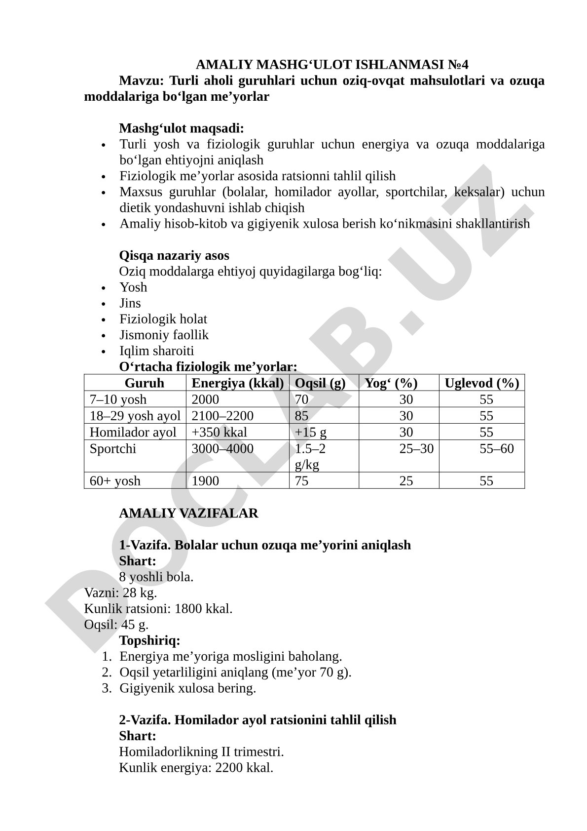 Turli aholi guruhlari uchun oziq-ovqat mahsulotlari va ozuqa moddalariga bo'lgan me'yorlar