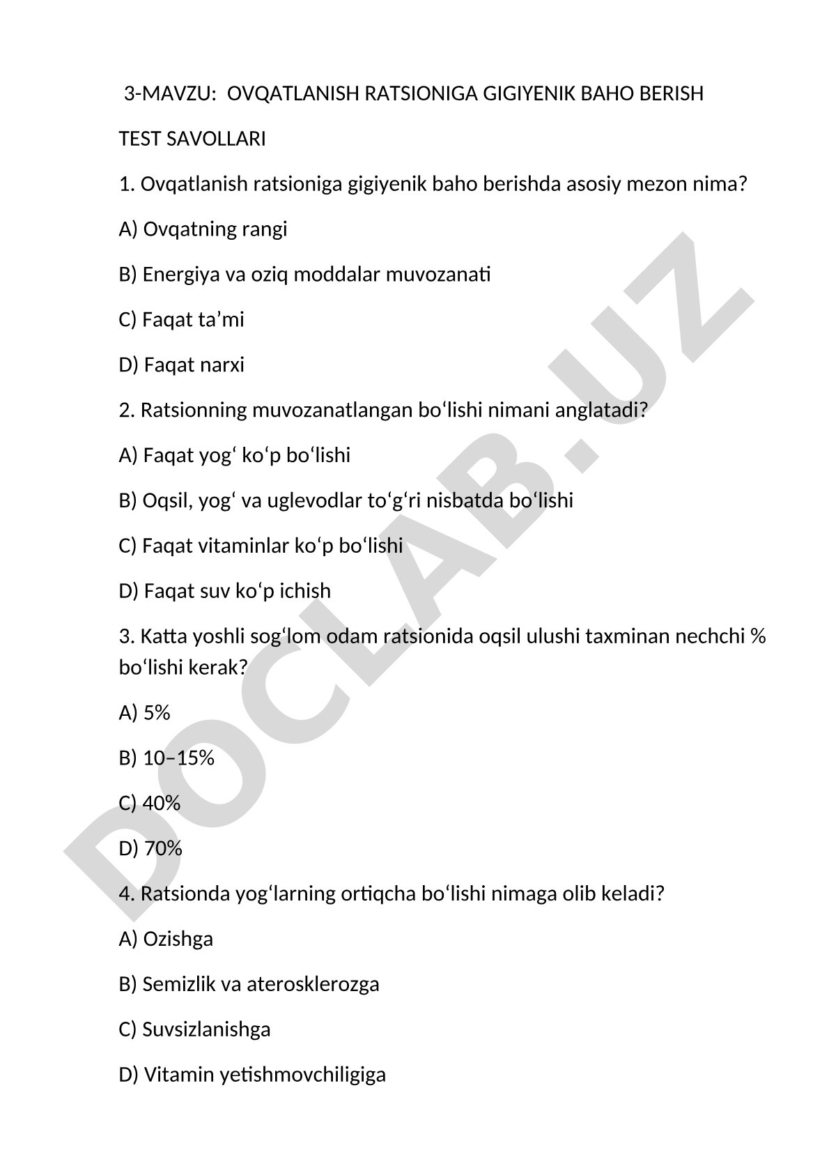 Ovqatlanish ratsioniga gigiyenik baho berish test savollari