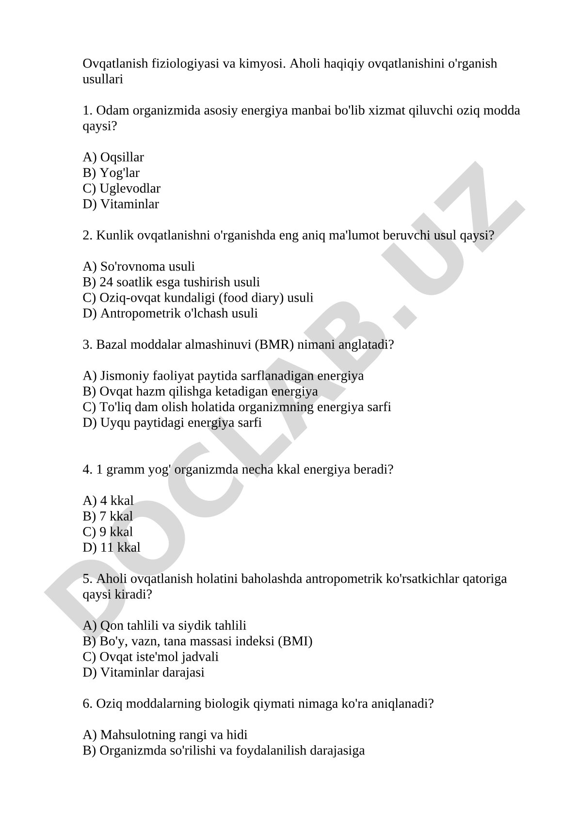 Ovqatlanish fiziologiyasi va kimyosi test savollari