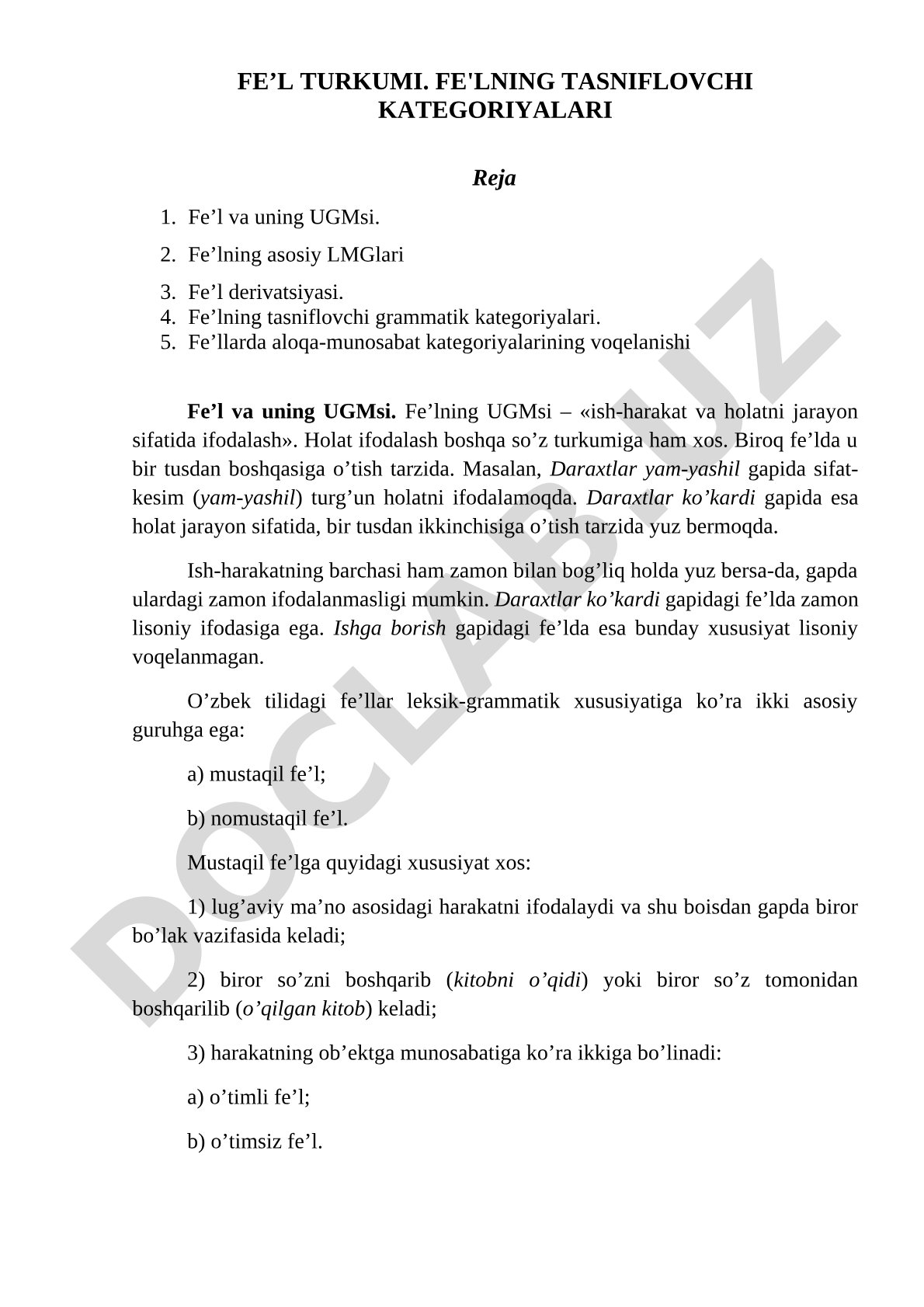 Fe'l turkumi va uning tasniflovchi grammatik kategoriyalari